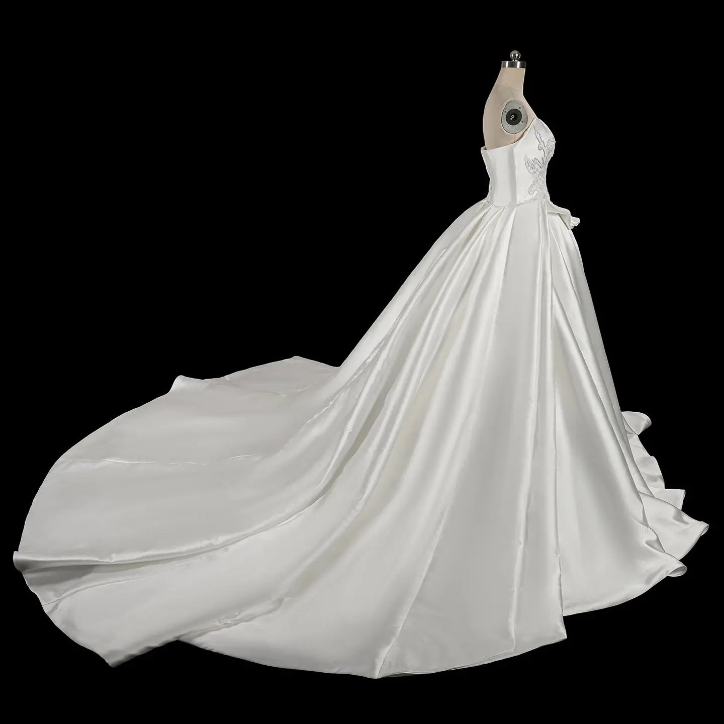 Luxury White Satin Strapless Beaded Ball Gown Train Wedding Dress ZP152