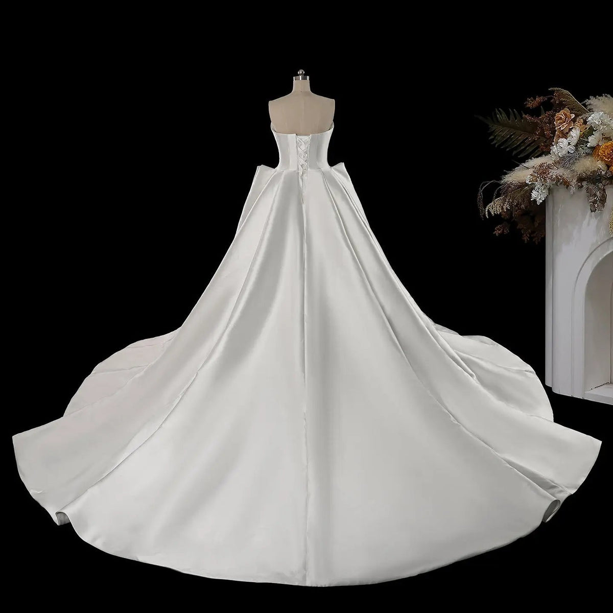 Luxury White Satin Strapless Beaded Ball Gown Train Wedding Dress ZP152