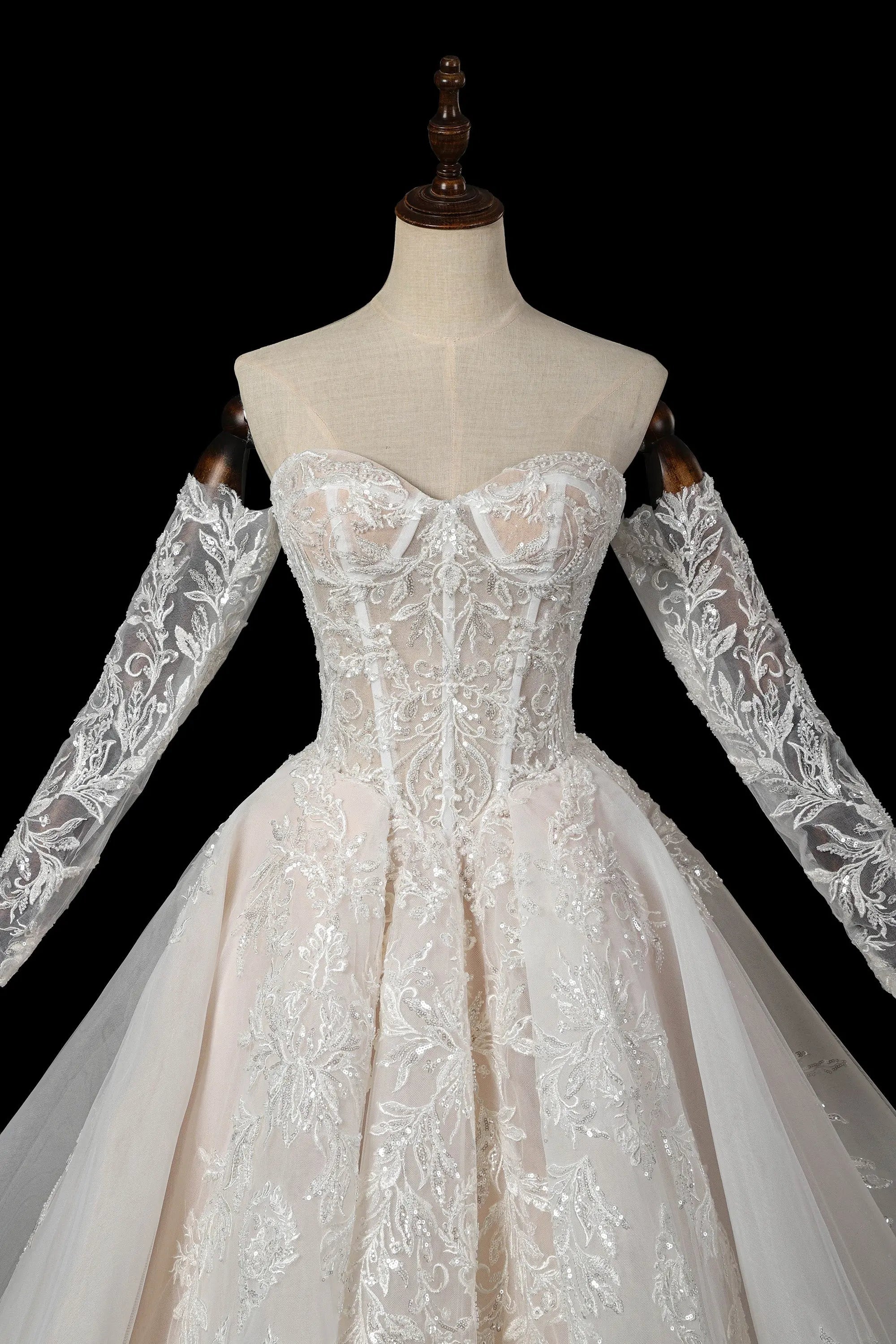 Elegant Ivory Strapless Corset Lace Tulle Bridal Gown Wedding Dress with Long Detachable Sleeves ZP067