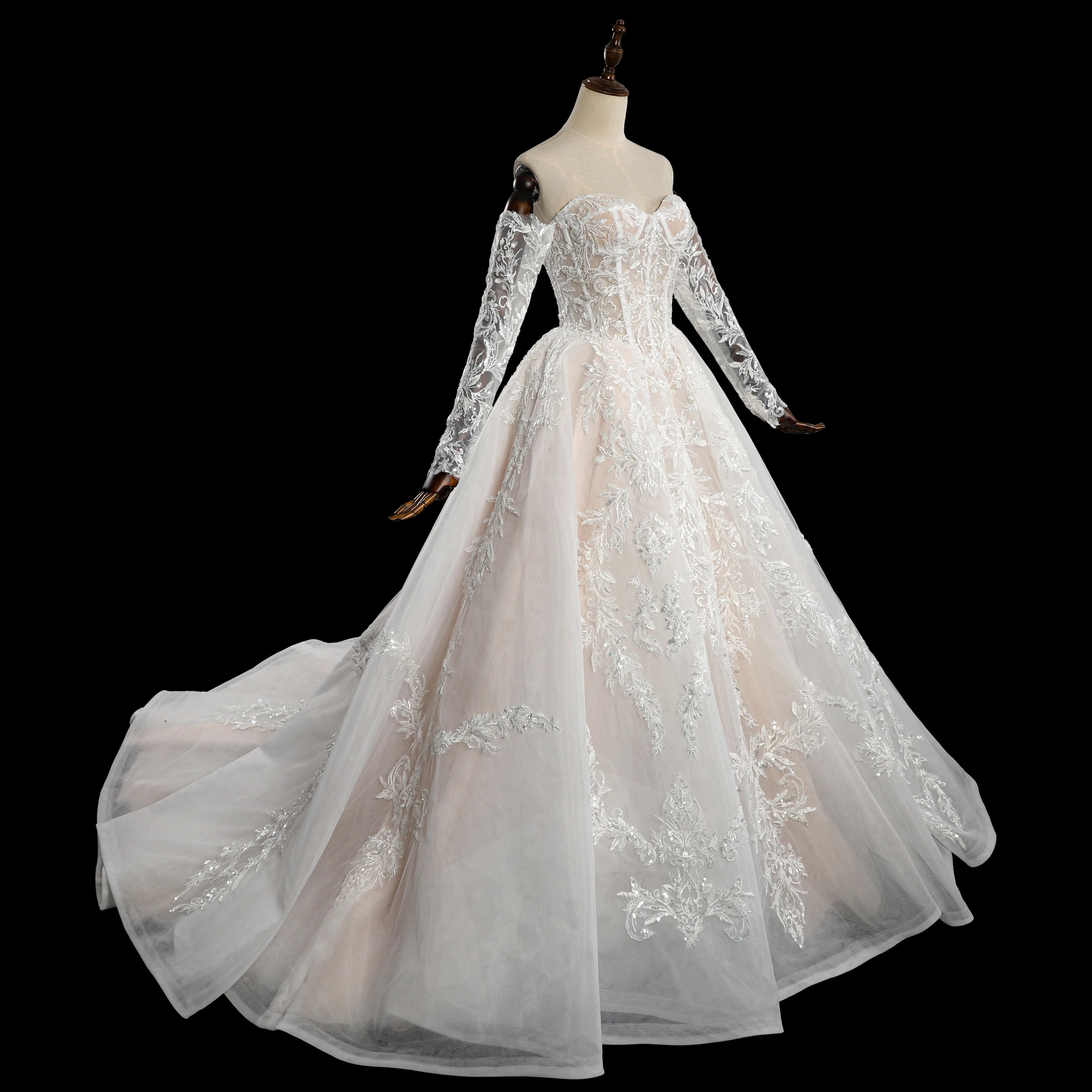 Elegant Ivory Strapless Corset Lace Tulle Bridal Gown Wedding Dress with Long Detachable Sleeves ZP067