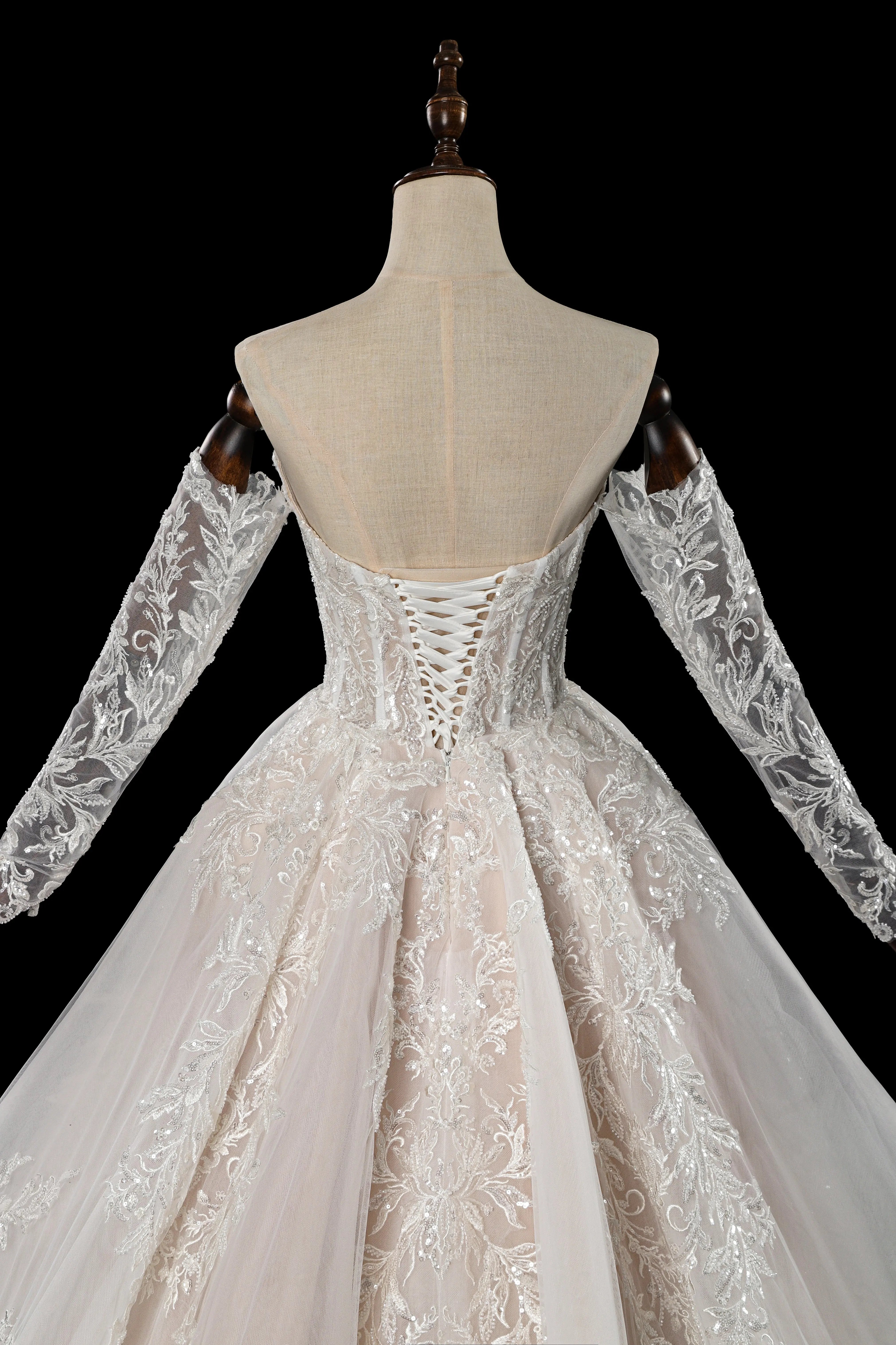 Elegant Ivory Strapless Corset Lace Tulle Bridal Gown Wedding Dress with Long Detachable Sleeves ZP067