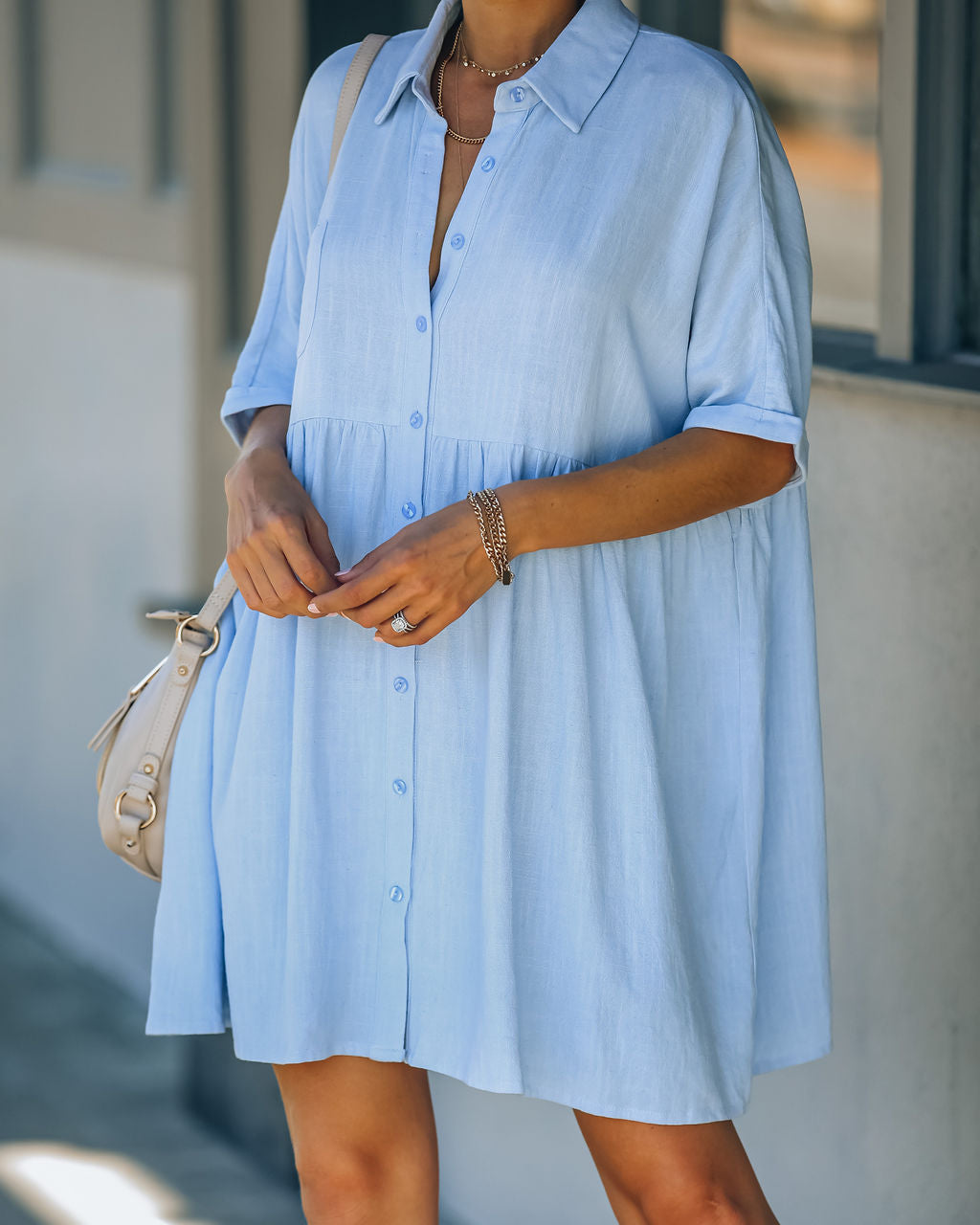 Hails Linen Blend Button Down Shirt Dress Baby Blue