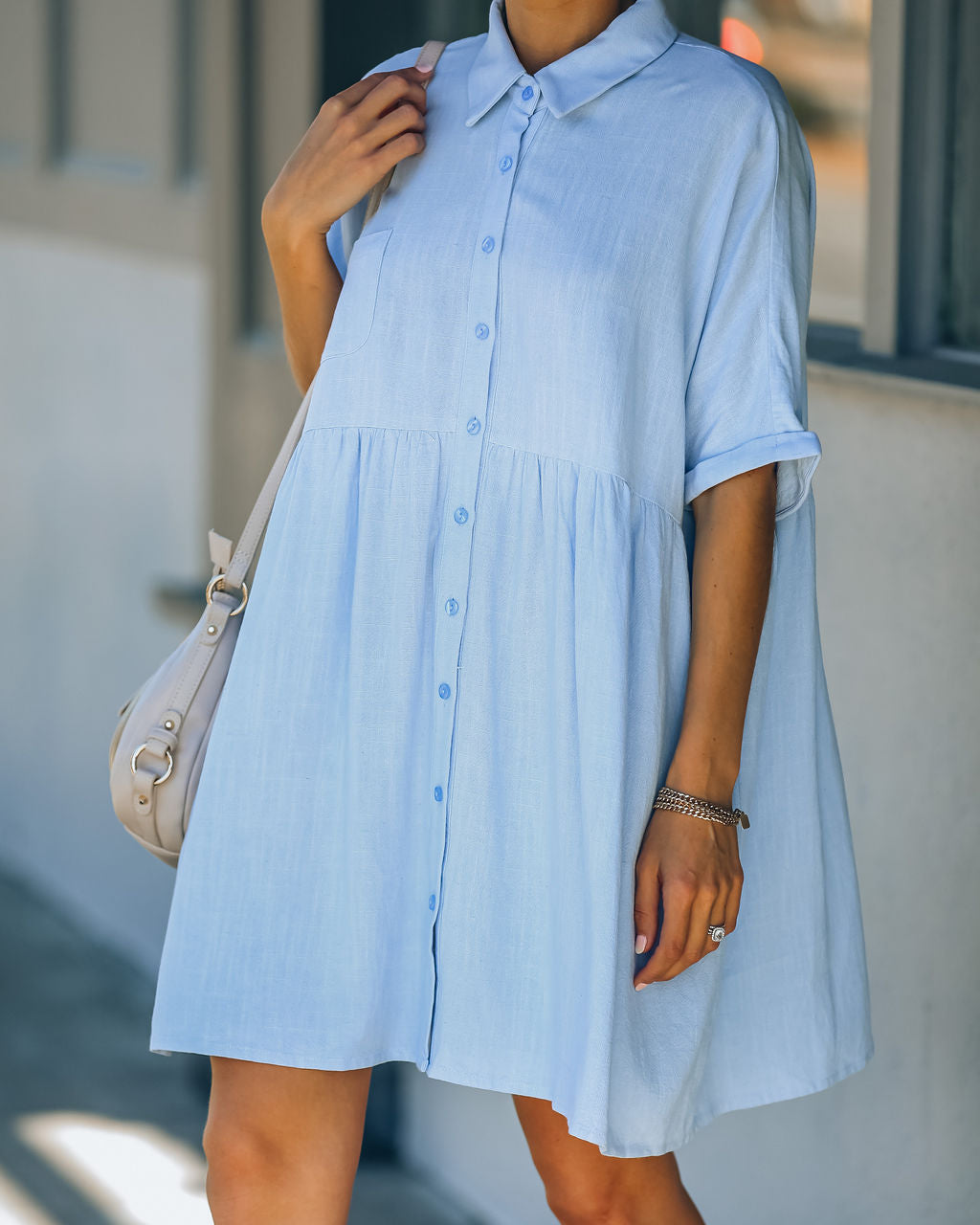 Hails Linen Blend Button Down Shirt Dress Baby Blue