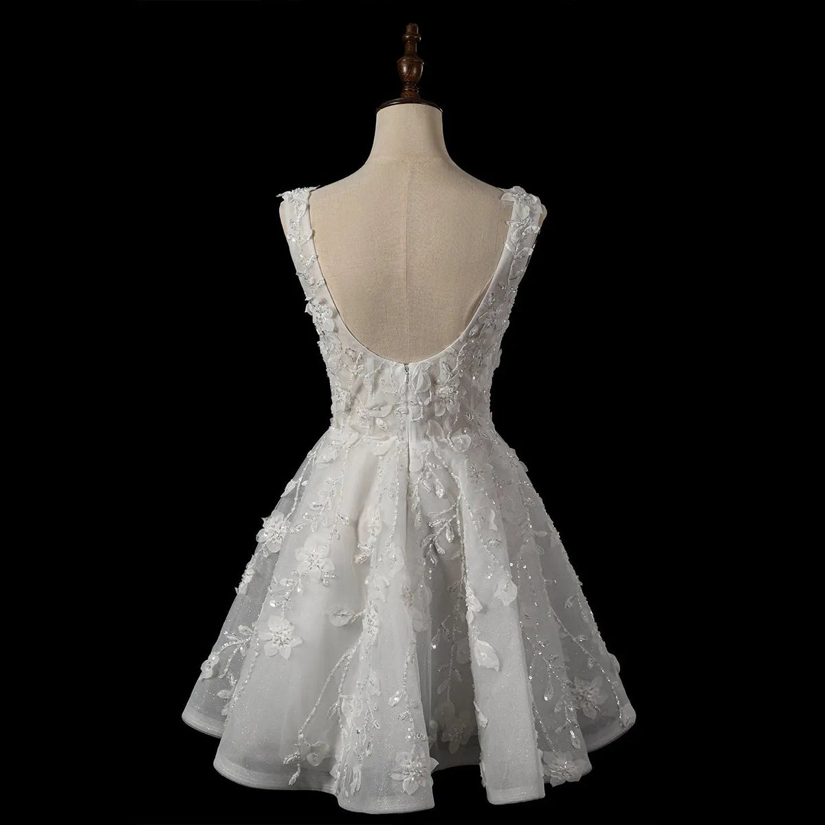 Luxury Off White 3D Floral Appliqué Short Wedding Dress with Sparkle Tulle ZP049