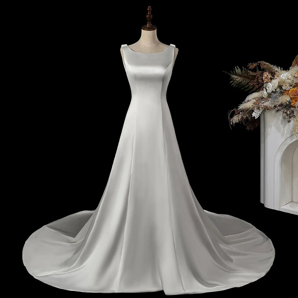 Romantic White Sleeveless Satin Wedding Dress with Low Back ZP052