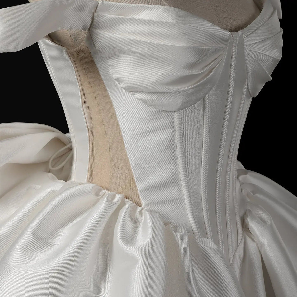 Elegant Lvory Off-the-Shoulder Satin Wedding Dress with Large Bow ZP051