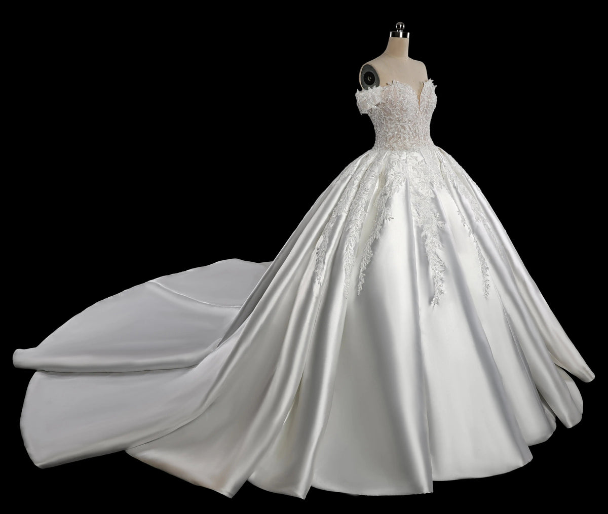 Luxury White Off-the-Shoulder Lace Satin Ball Gown Wedding Dress ZP069