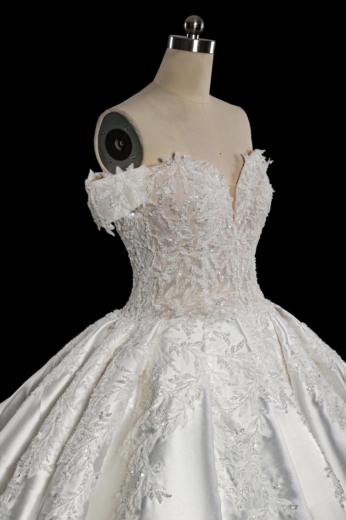 Luxury White Off-the-Shoulder Lace Satin Ball Gown Wedding Dress ZP069