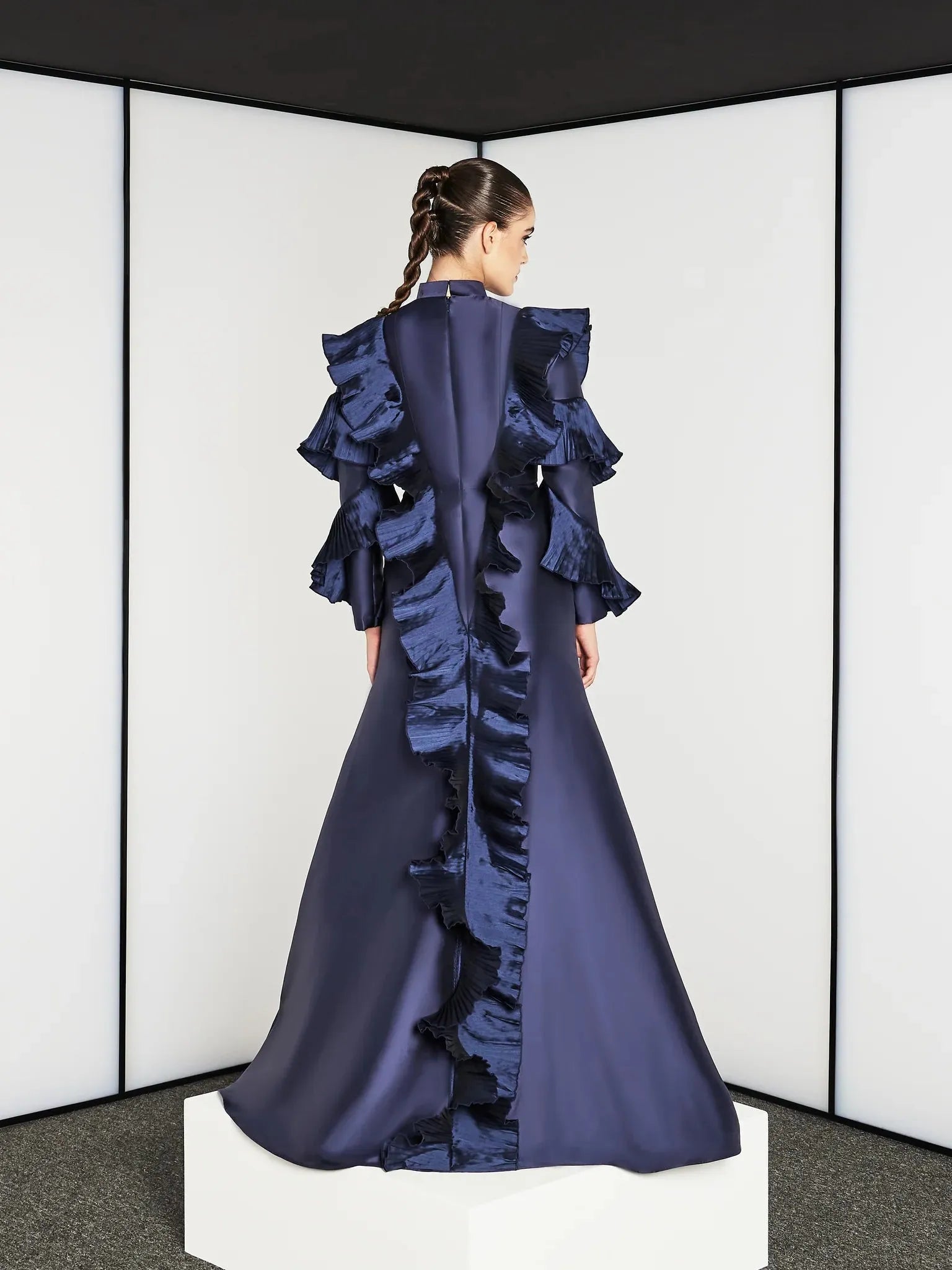 Navy Blue Long Sleeves Evening Dresses Mermaid Satin Prom Gowns Wave Fold Formal Occastion Muslim Party Night Dress