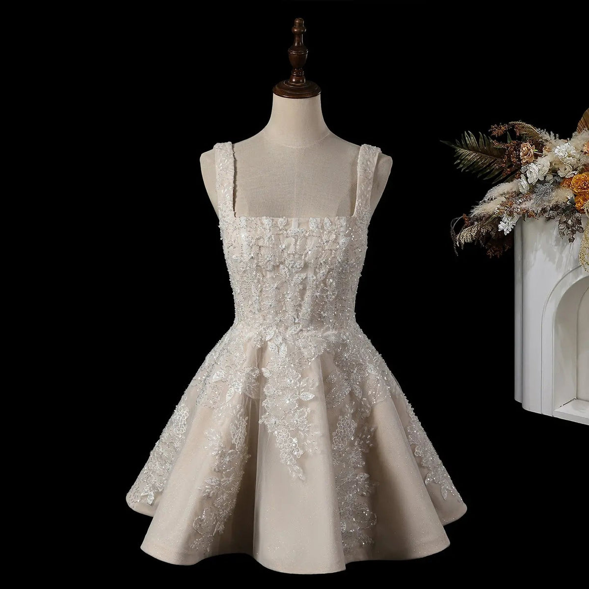 Romantic Champagne Sleeveless A-Line Short Wedding Dress with Deep V Back ZP046
