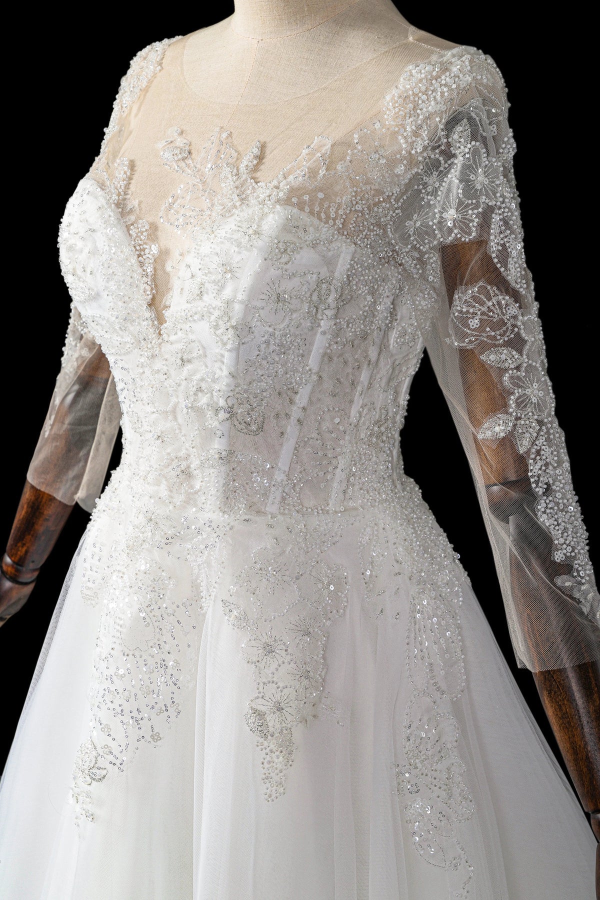 Glamorous White Illusion Neck Lace & Tulle Wedding Dress with Cathedral Train ZP063