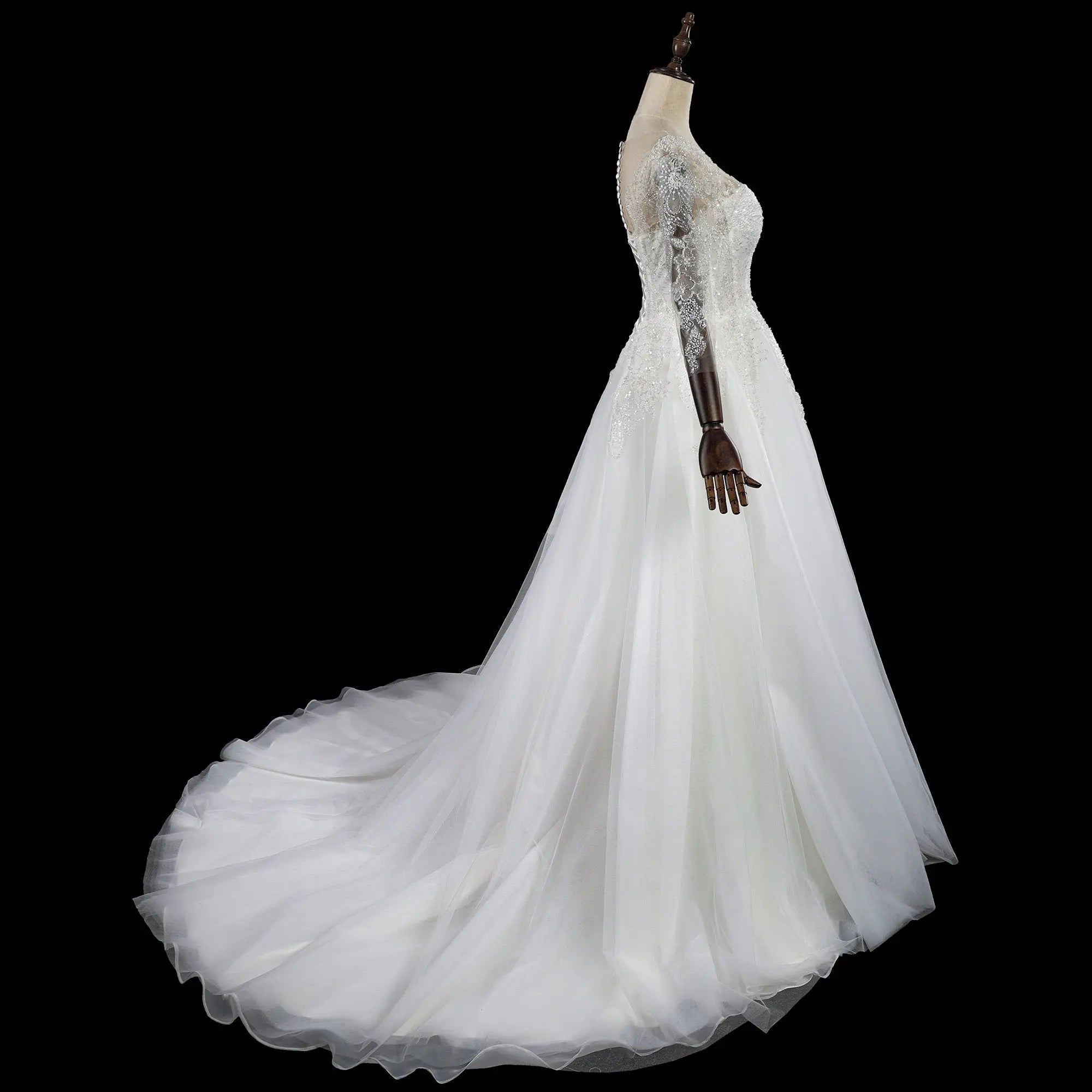 Glamorous White Illusion Neck Lace & Tulle Wedding Dress with Cathedral Train ZP063