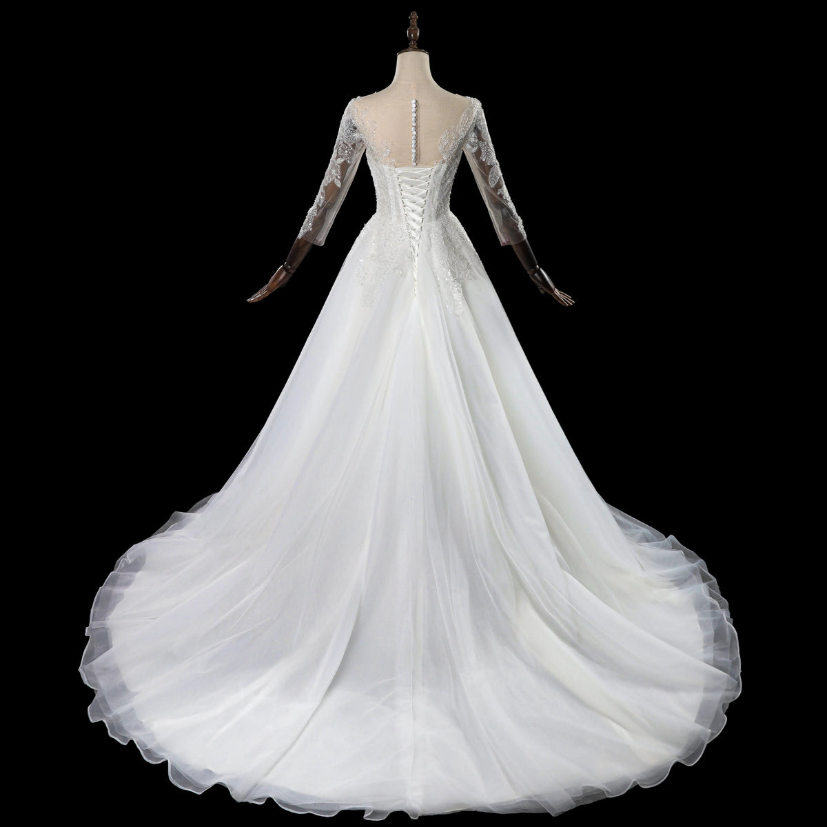 Glamorous White Illusion Neck Lace & Tulle Wedding Dress with Cathedral Train ZP063