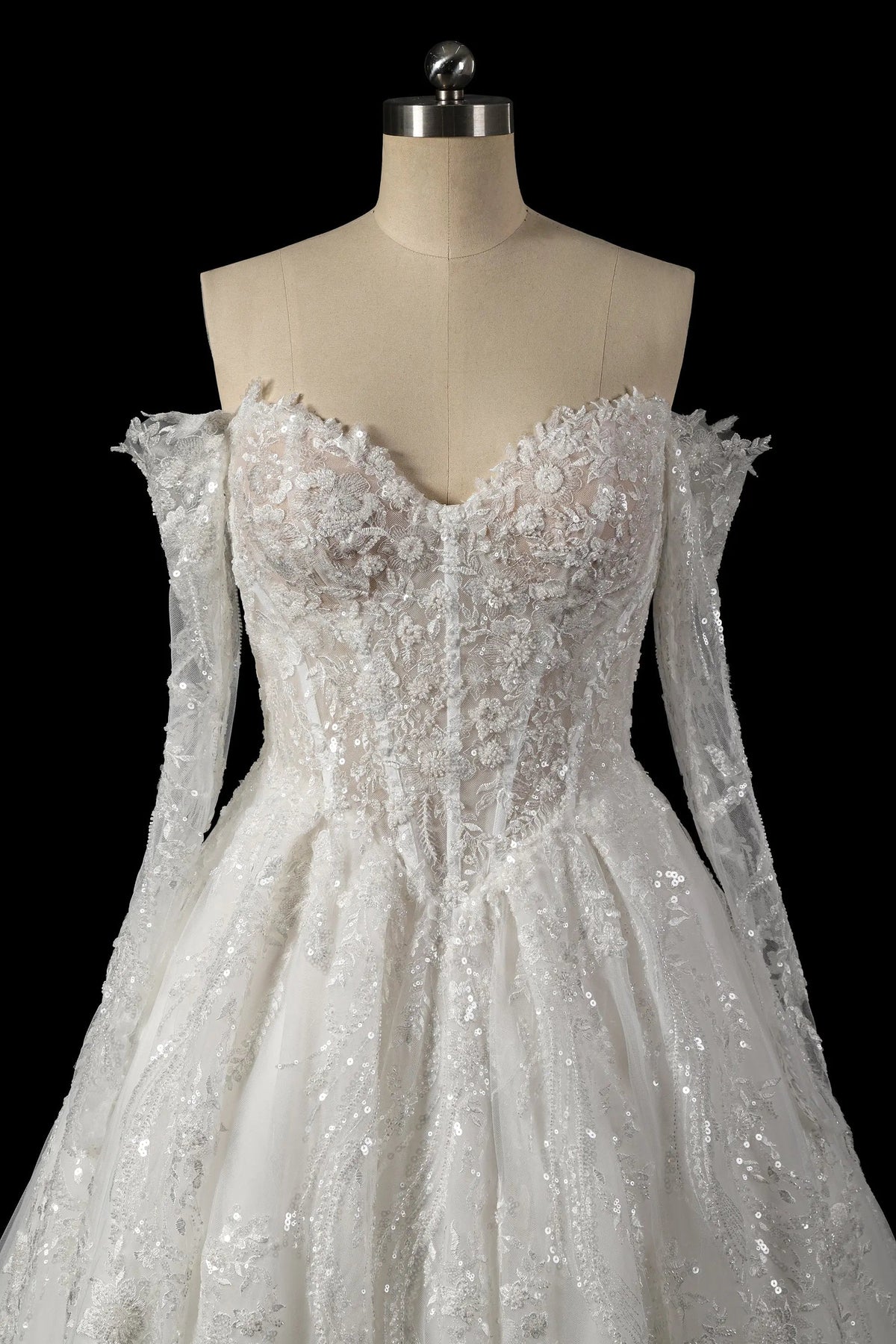 Luxury White Off-the-Shoulder Long Sleeve Lace Tulle Ball Gown Wedding Dress ZP068