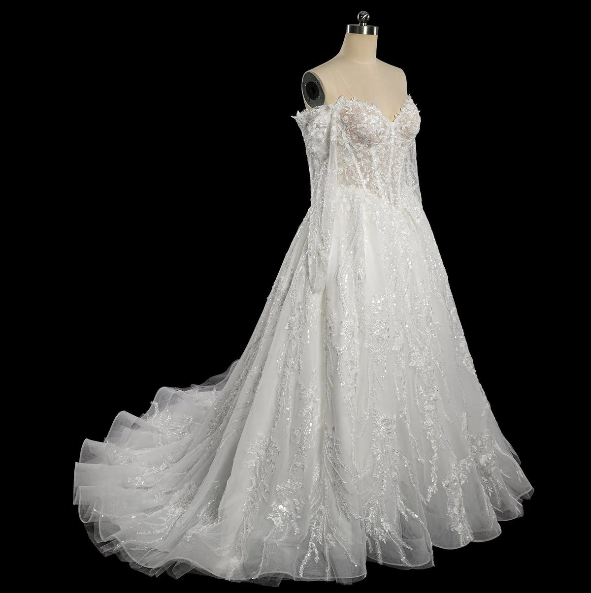 Luxury White Off-the-Shoulder Long Sleeve Lace Tulle Ball Gown Wedding Dress ZP068