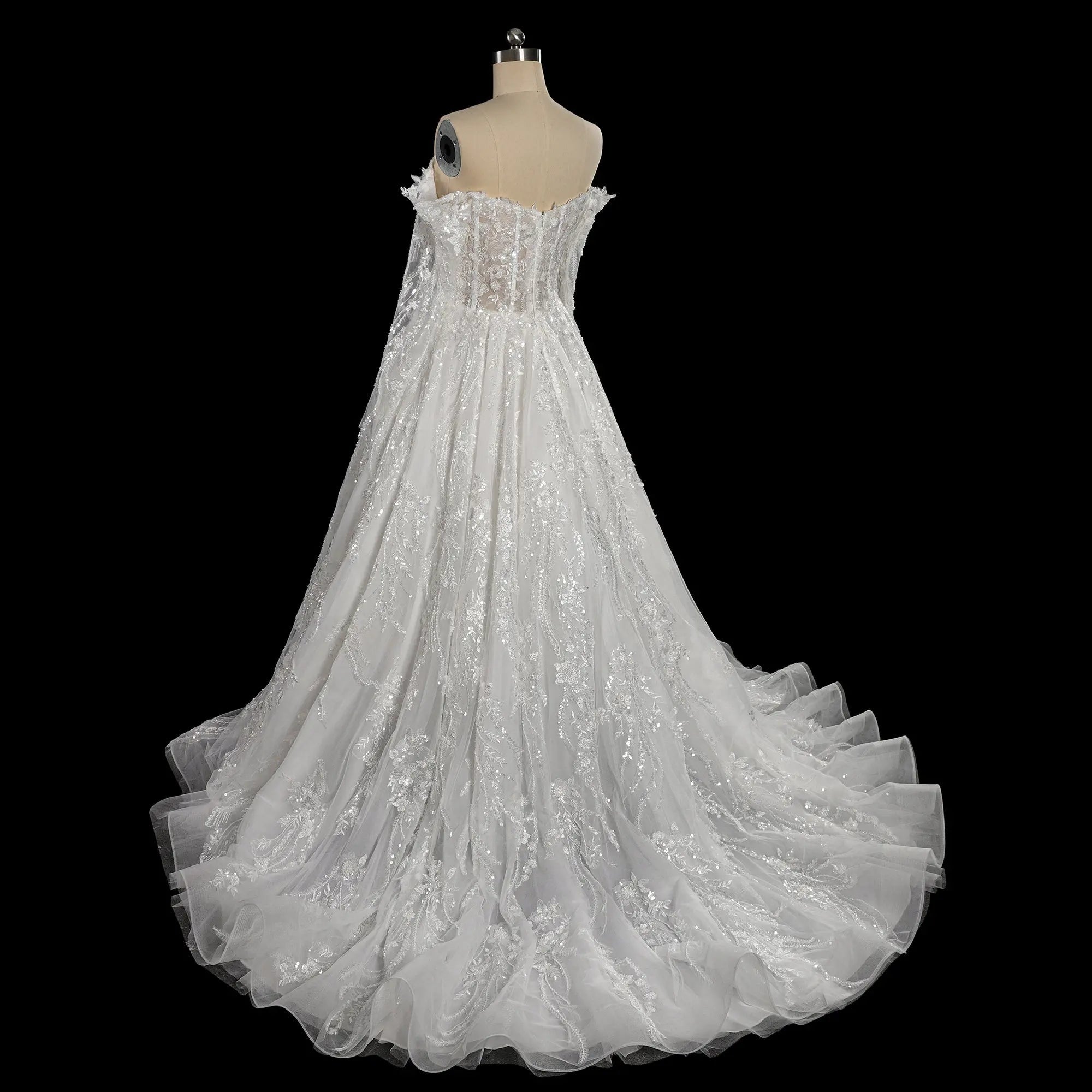 Luxury White Off-the-Shoulder Long Sleeve Lace Tulle Ball Gown Wedding Dress ZP068