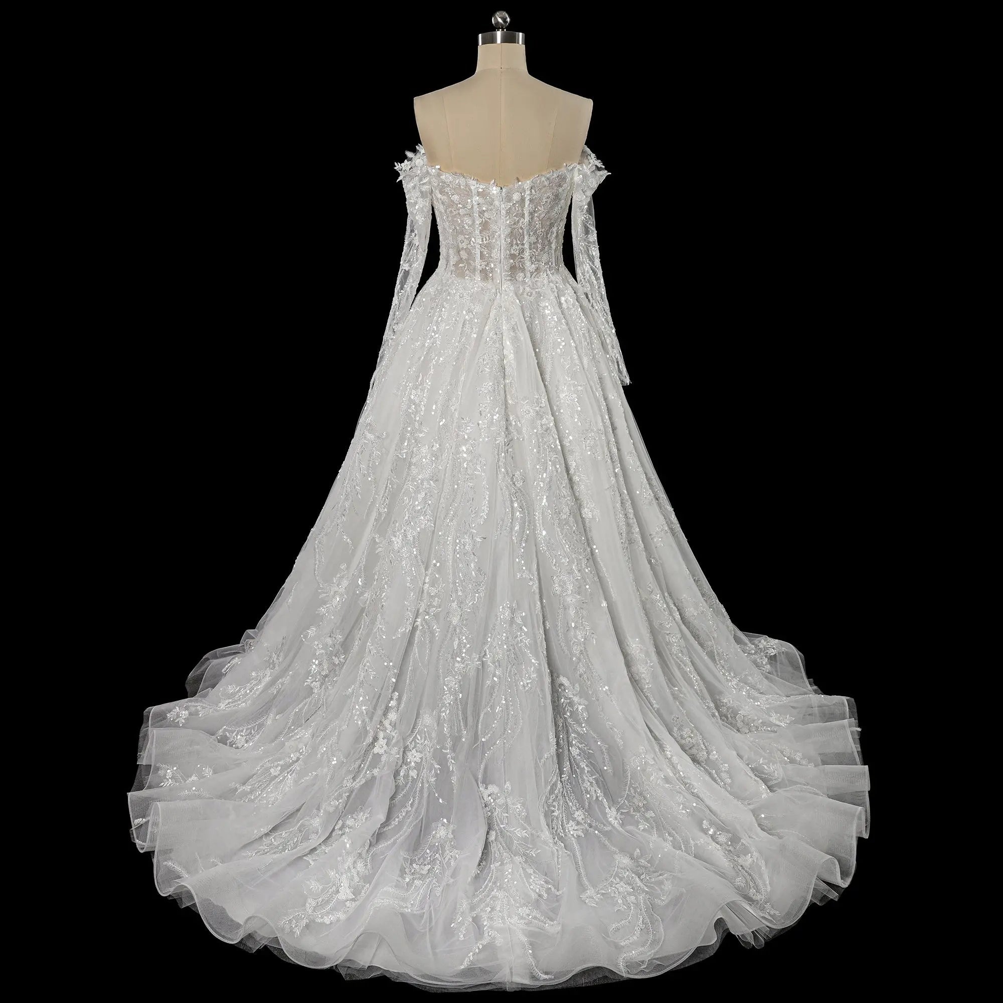 Luxury White Off-the-Shoulder Long Sleeve Lace Tulle Ball Gown Wedding Dress ZP068