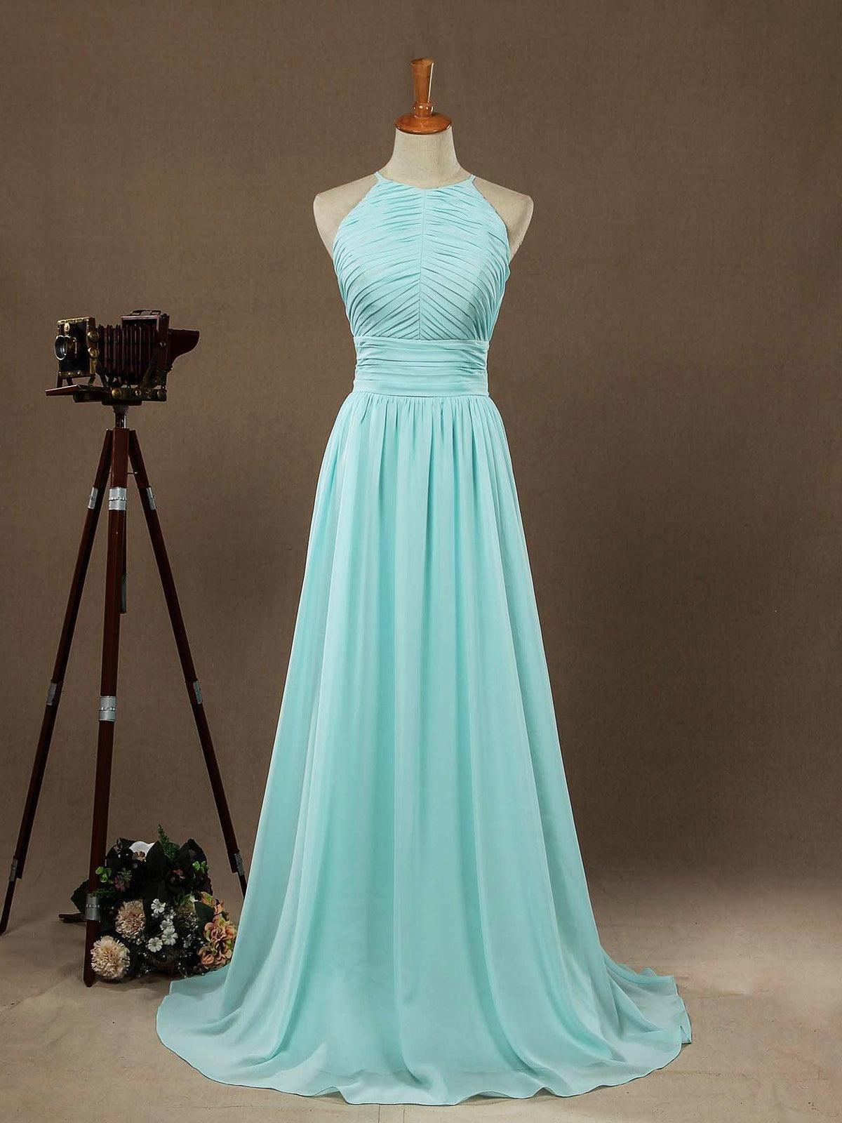 Chiffon Floor Length Prom Dresses A-Line Halter Open Back Pleats - VelvetHem