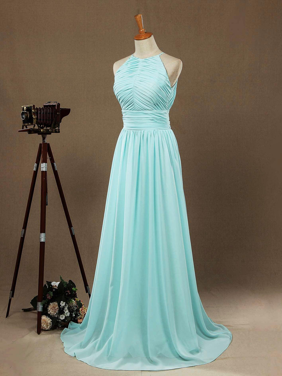 Chiffon Floor Length Prom Dresses A-Line Halter Open Back Pleats - View 2 | VelvetHem