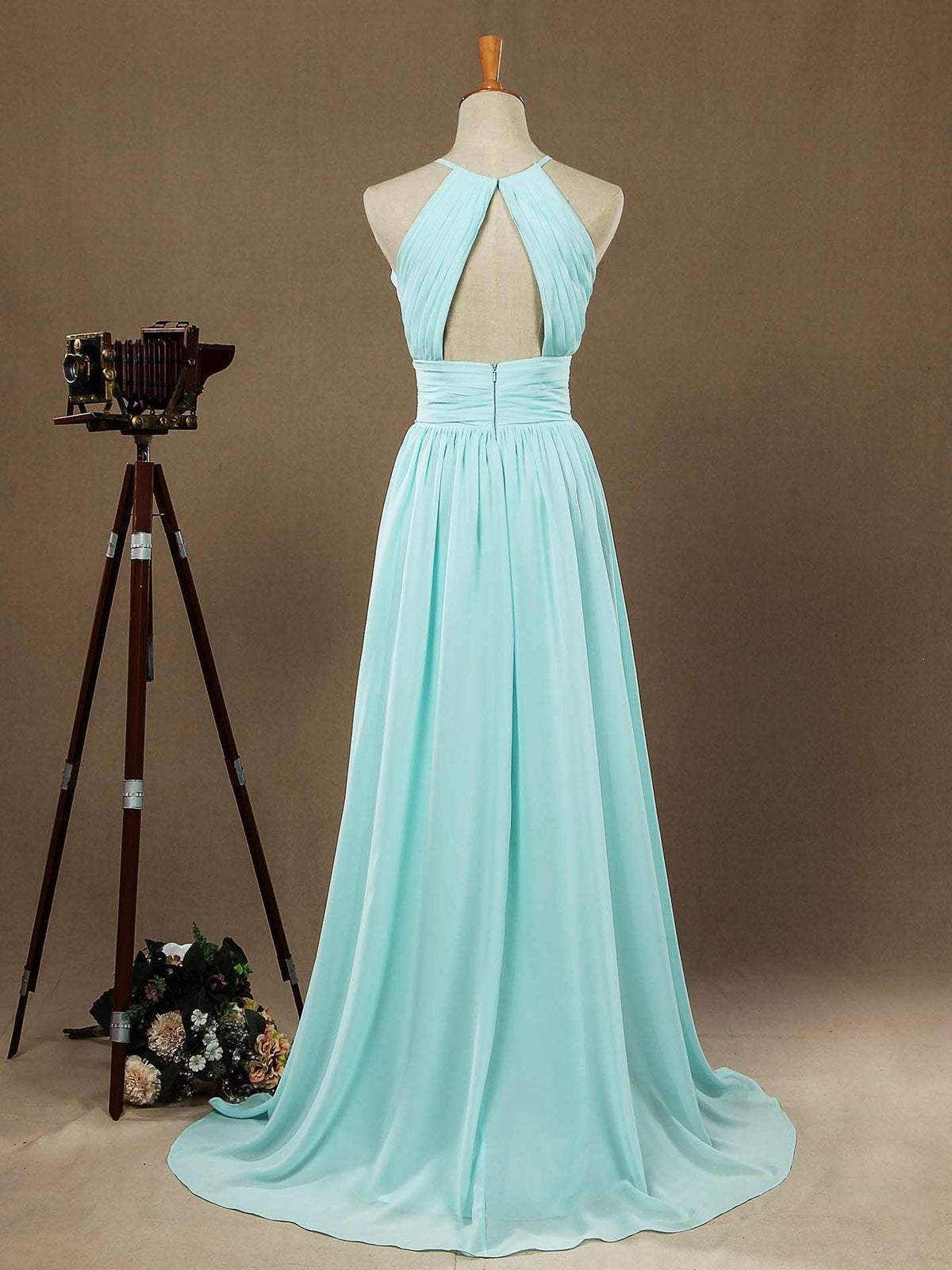 Chiffon Floor Length Prom Dresses A-Line Halter Open Back Pleats - View 3 | VelvetHem