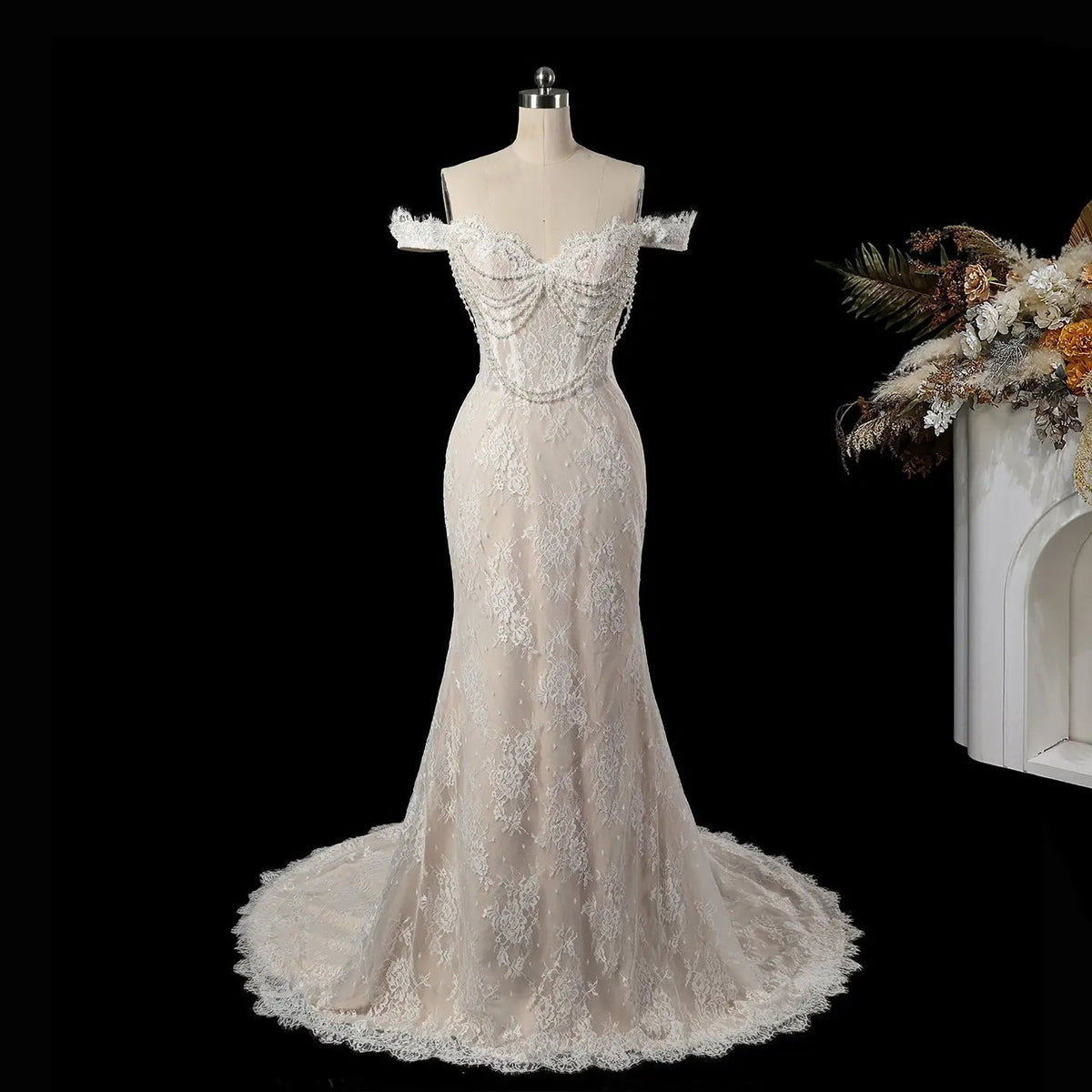 Opulent Ivory Off-the-Shoulder Beaded Lace Tulle Ball Gown Wedding Dress ZP127 - View 7 | VelvetHem