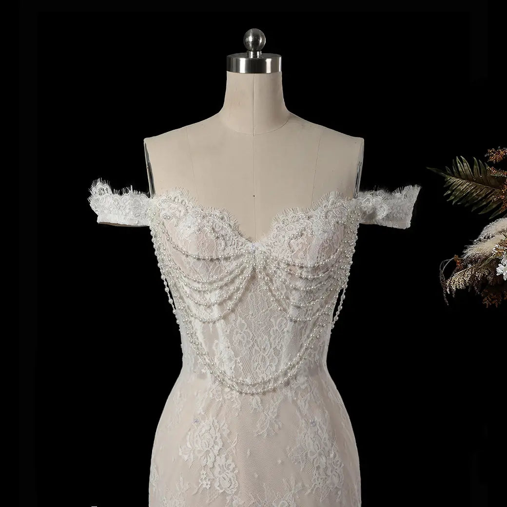 Opulent Ivory Off-the-Shoulder Beaded Lace Tulle Ball Gown Wedding Dress ZP127