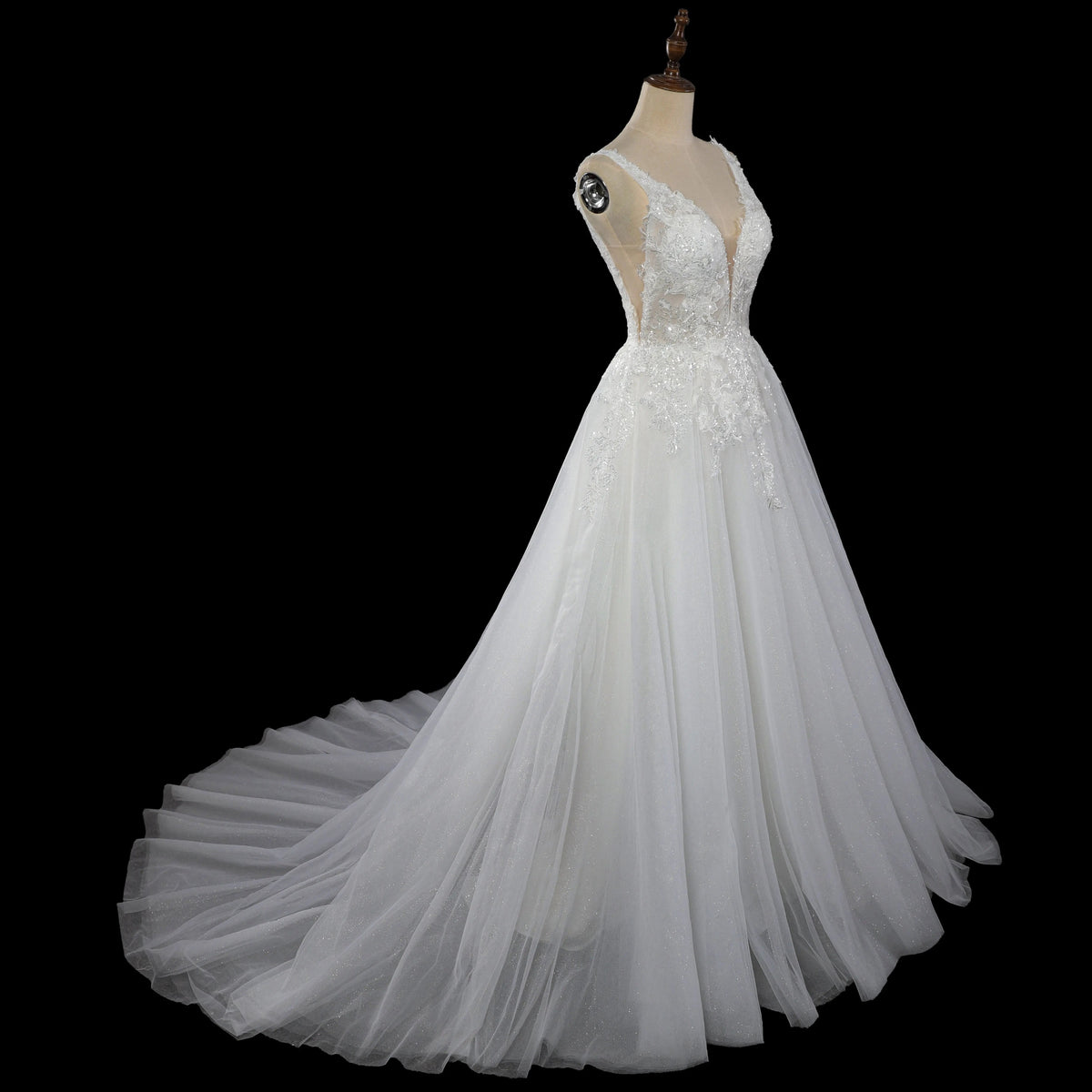 Dreamy White Glitter Tulle Wedding Dress with Lace Bodice and Corset Back ZP054