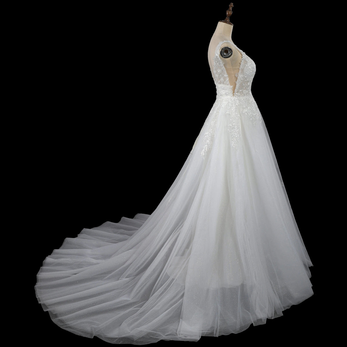 Dreamy White Glitter Tulle Wedding Dress with Lace Bodice and Corset Back ZP054