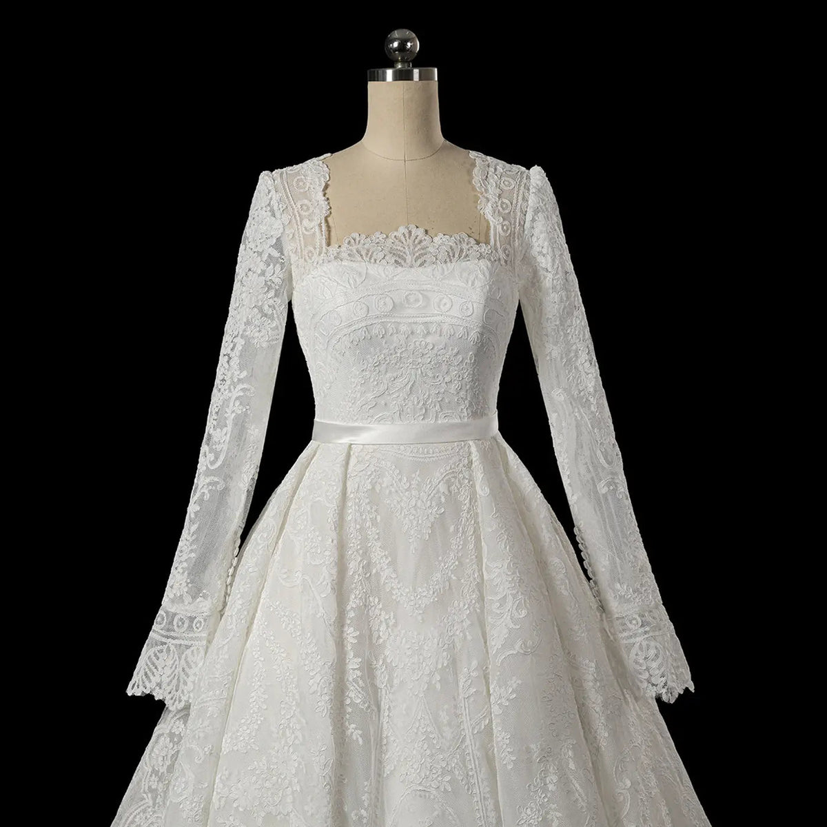 Luxury White Lace Long Sleeve Square Neck Wedding Dress with Veil ZP136 - View 9 | VelvetHem