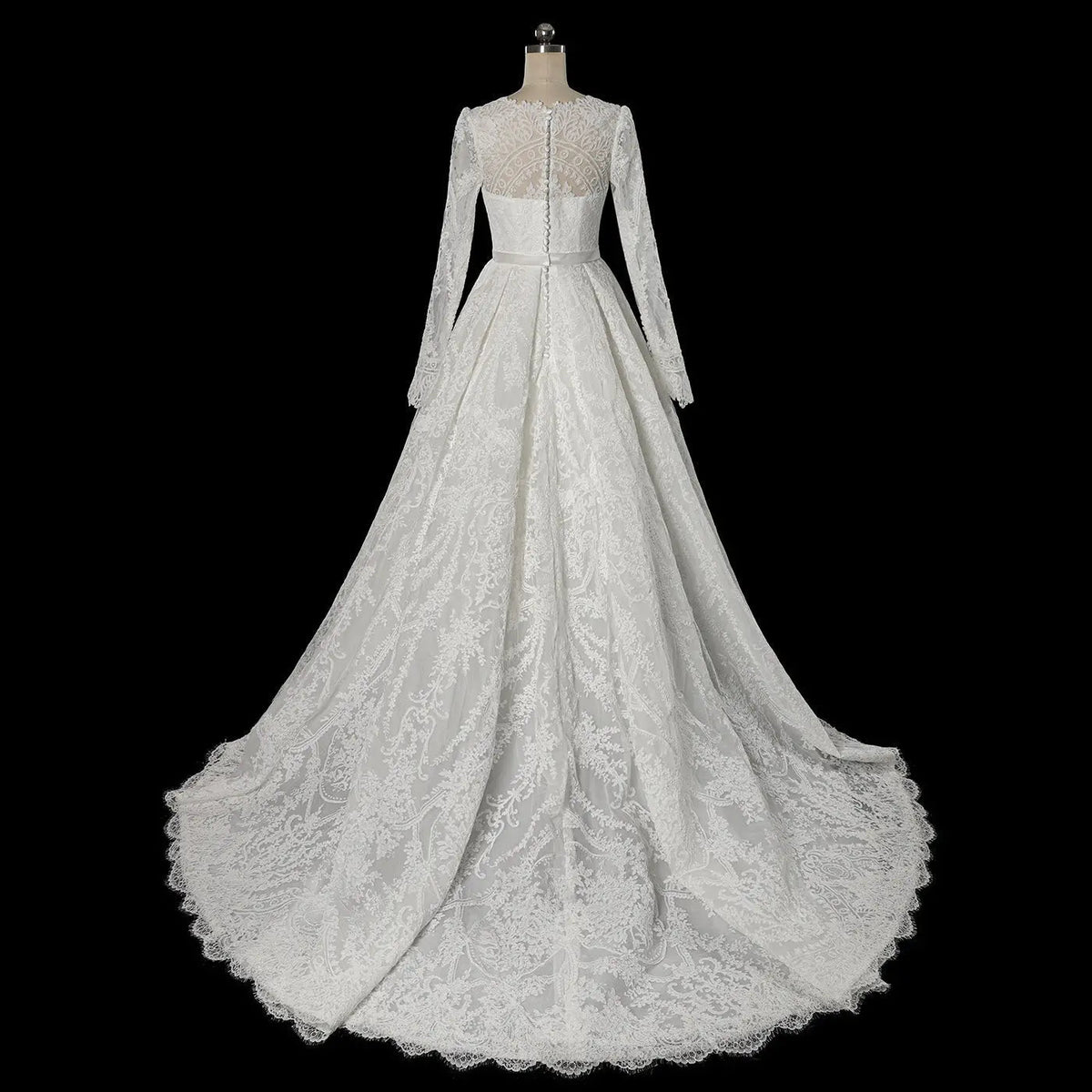 Luxury White Lace Long Sleeve Square Neck Wedding Dress with Veil ZP136 - View 12 | VelvetHem