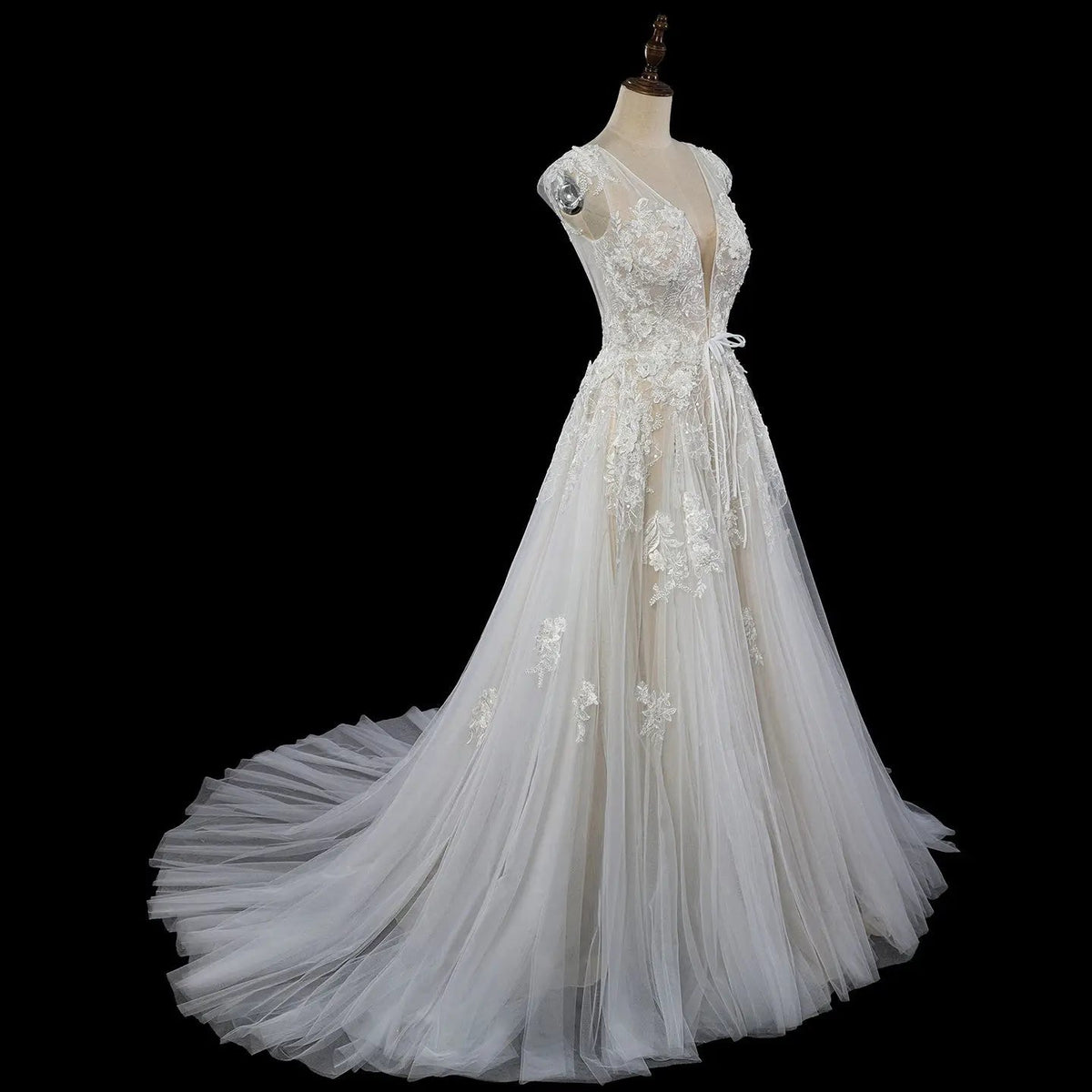 Elegant Ivory V-Neck Cap Sleeve A-Line Lace Tulle Wedding Dress ZP055