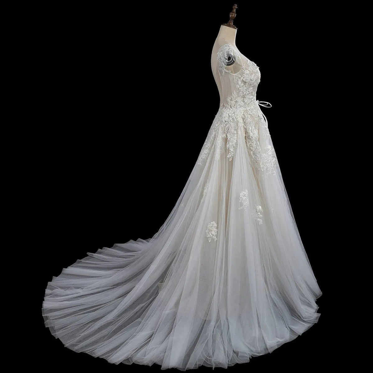 Elegant Ivory V-Neck Cap Sleeve A-Line Lace Tulle Wedding Dress ZP055