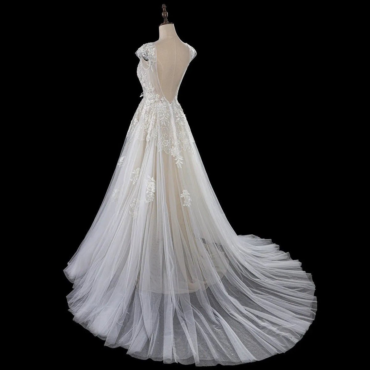 Elegant Ivory V-Neck Cap Sleeve A-Line Lace Tulle Wedding Dress ZP055