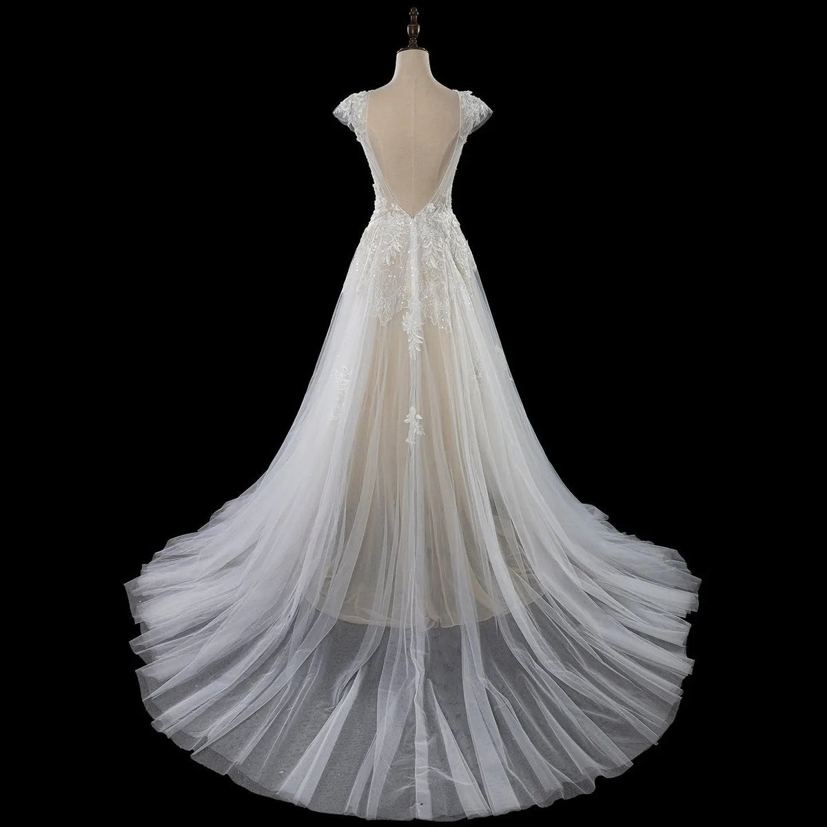 Elegant Ivory V-Neck Cap Sleeve A-Line Lace Tulle Wedding Dress ZP055