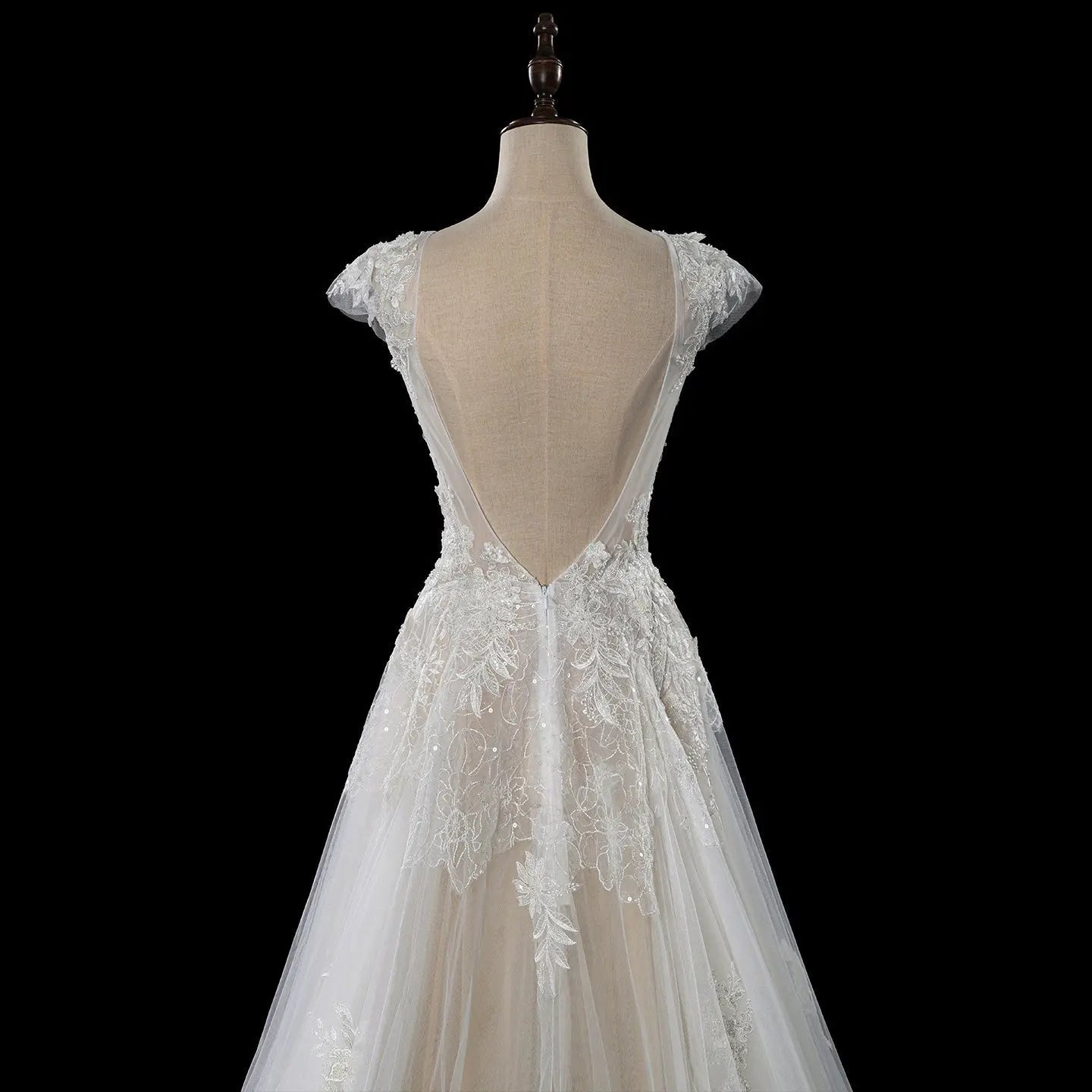 Elegant Ivory V-Neck Cap Sleeve A-Line Lace Tulle Wedding Dress ZP055