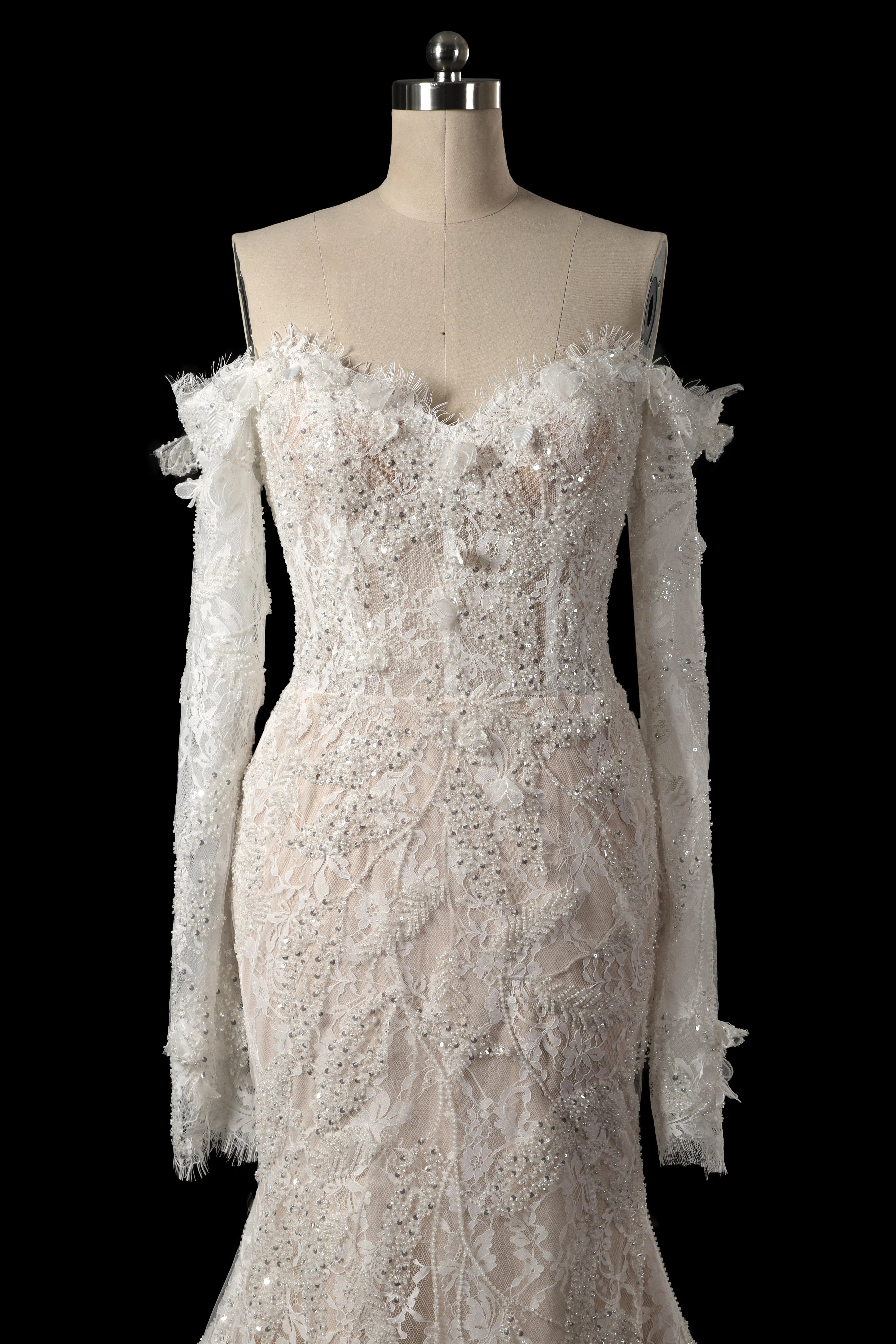 Bohemian Ivory Off-the-Shoulder Sheer Lace Mermaid Wedding Dress with Veil ZP128
