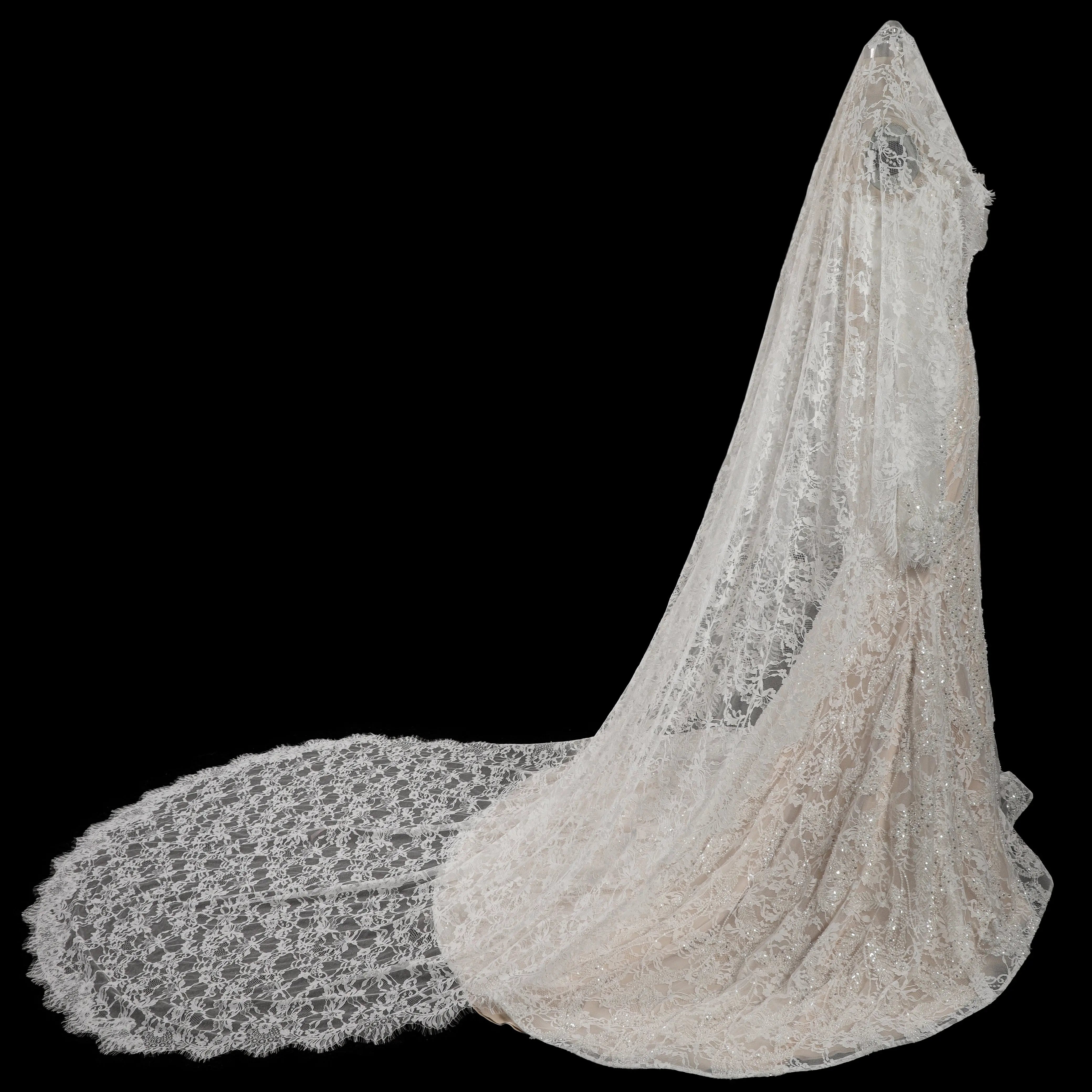 Bohemian Ivory Off-the-Shoulder Sheer Lace Mermaid Wedding Dress with Veil ZP128