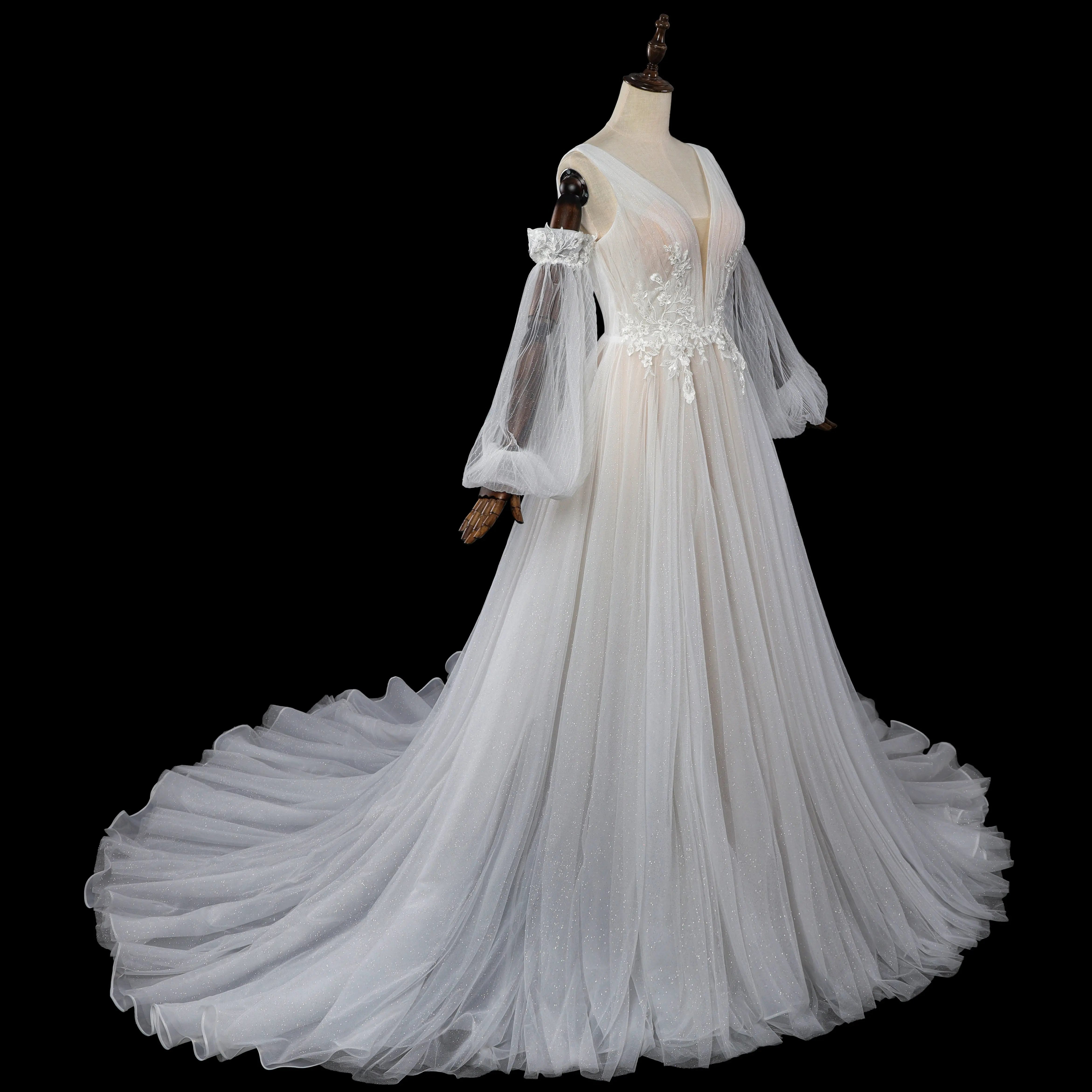 Elegant Ivory V-Neck Detachable Puff Sleeve Lace Tulle Wedding Dress with Train ZP062