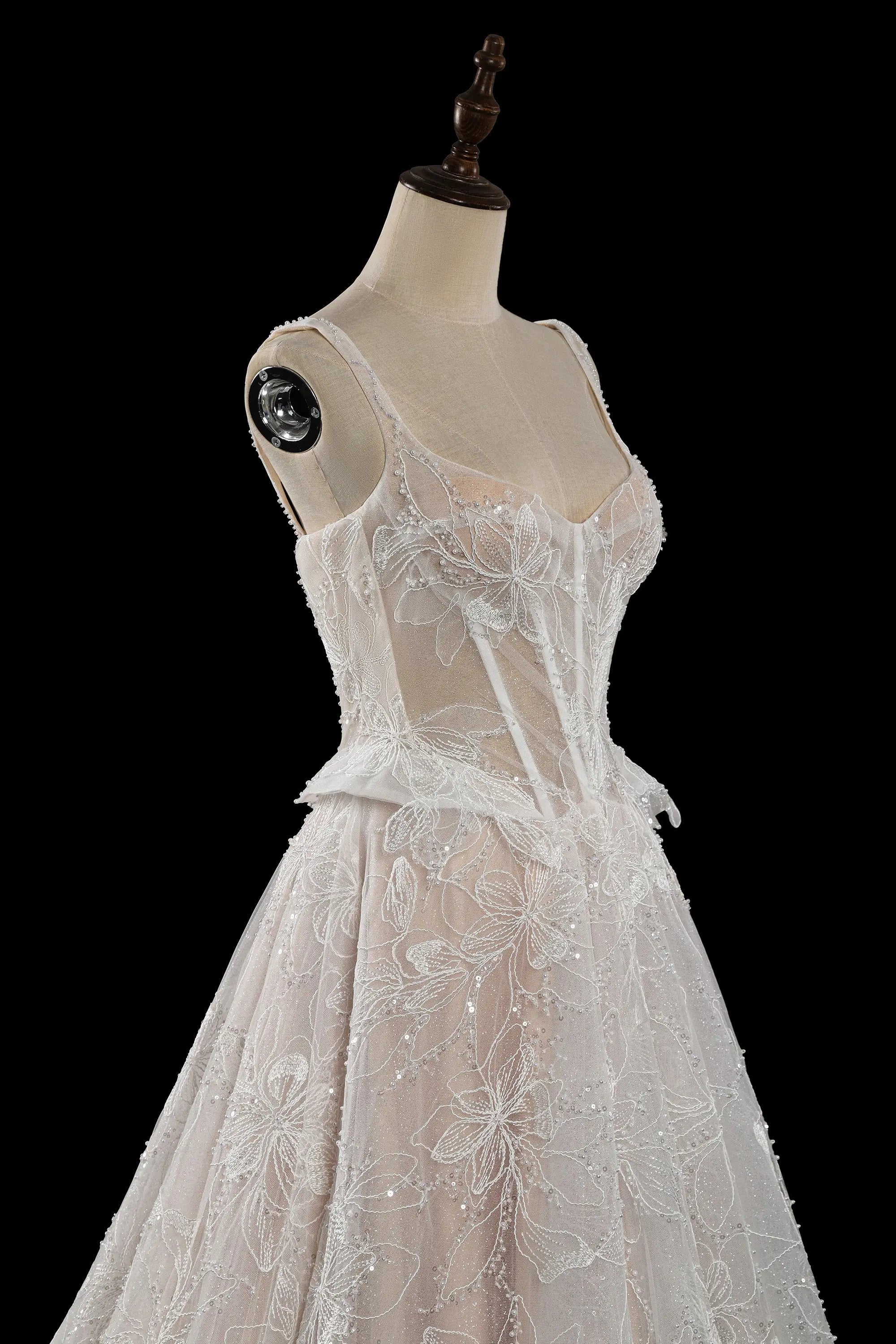 Luxury Ivory Square Neck Corset Lace Tulle A-Line Wedding Dress with Train ZP064
