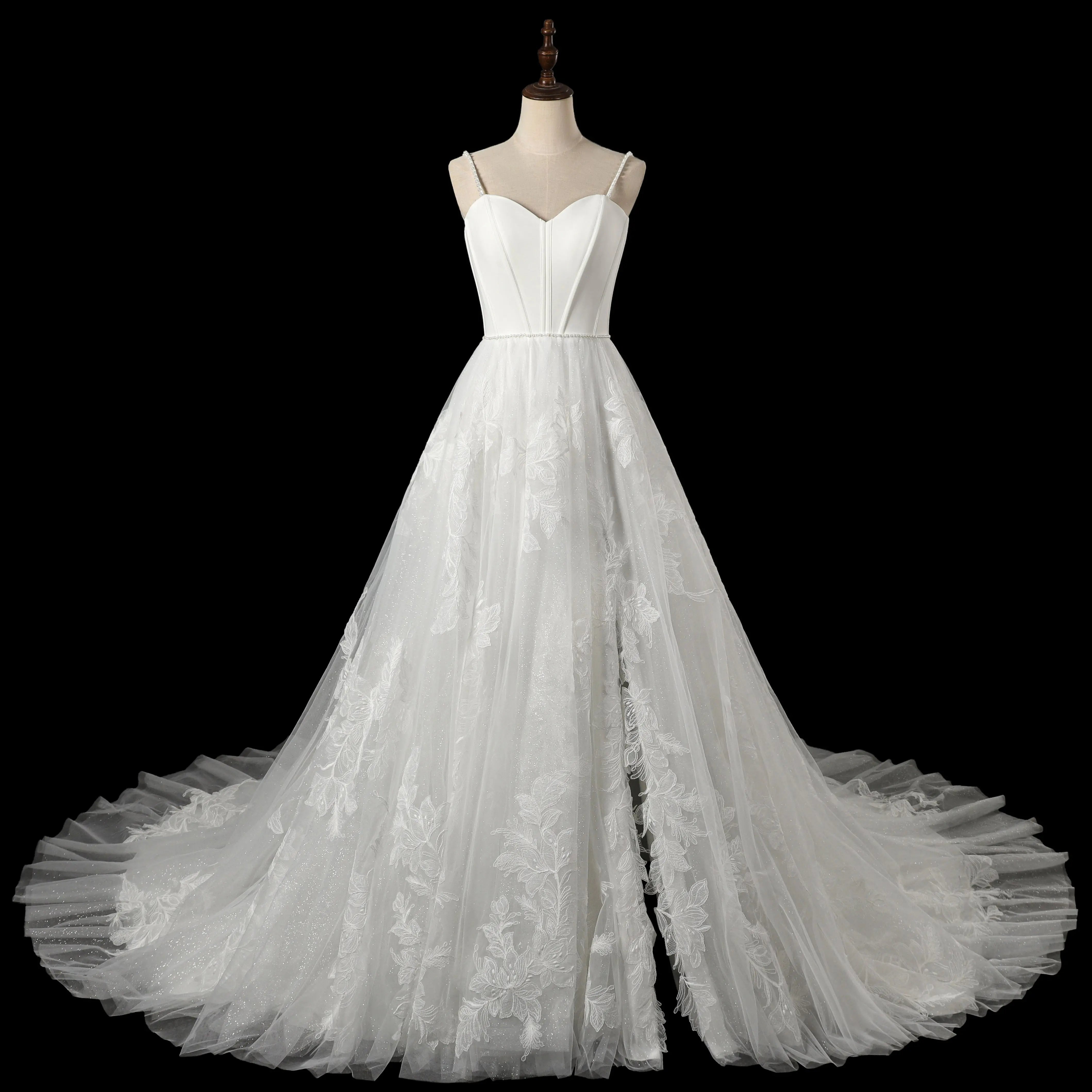 Elegant White Spaghetti Strap Satin Bodice Lace Tulle Wedding Dress with Train ZP065