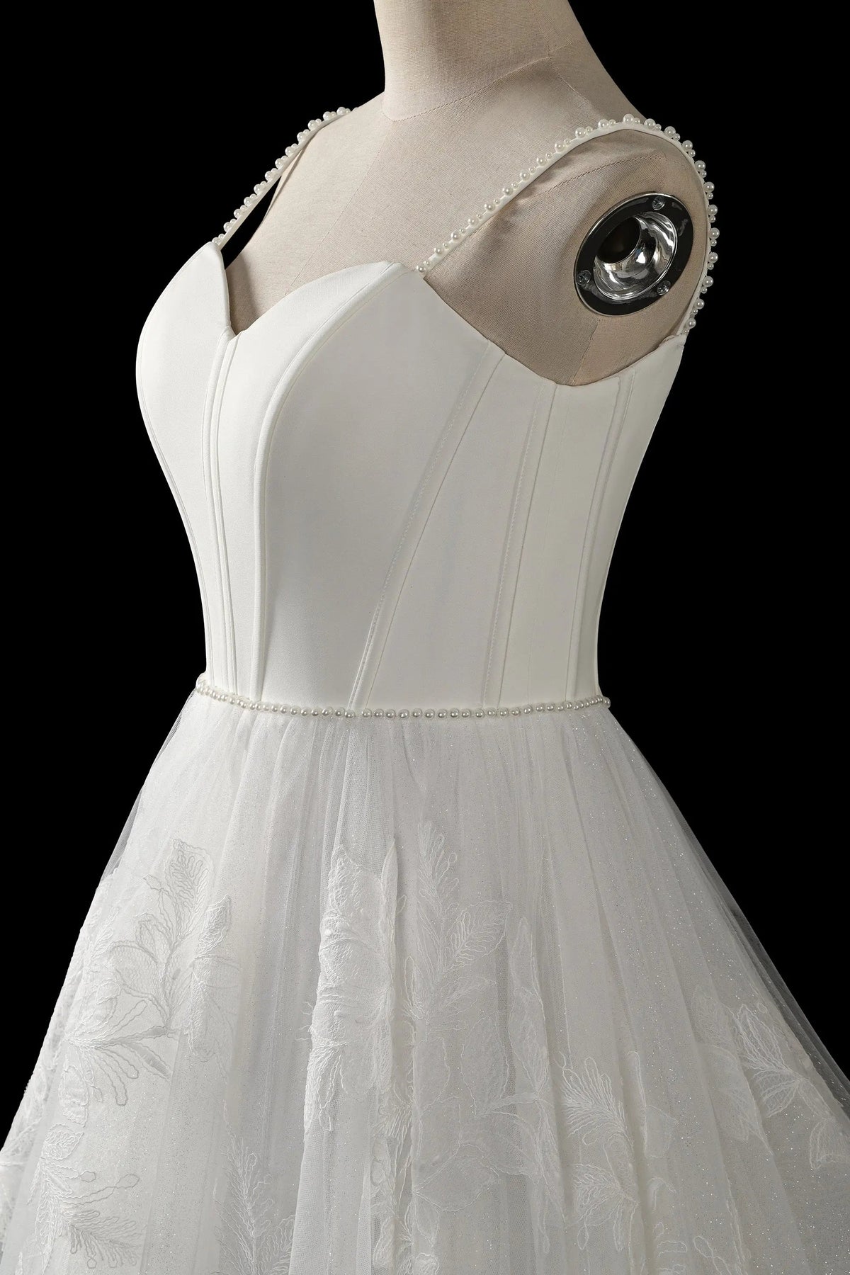 Elegant White Spaghetti Strap Satin Bodice Lace Tulle Wedding Dress with Train ZP065
