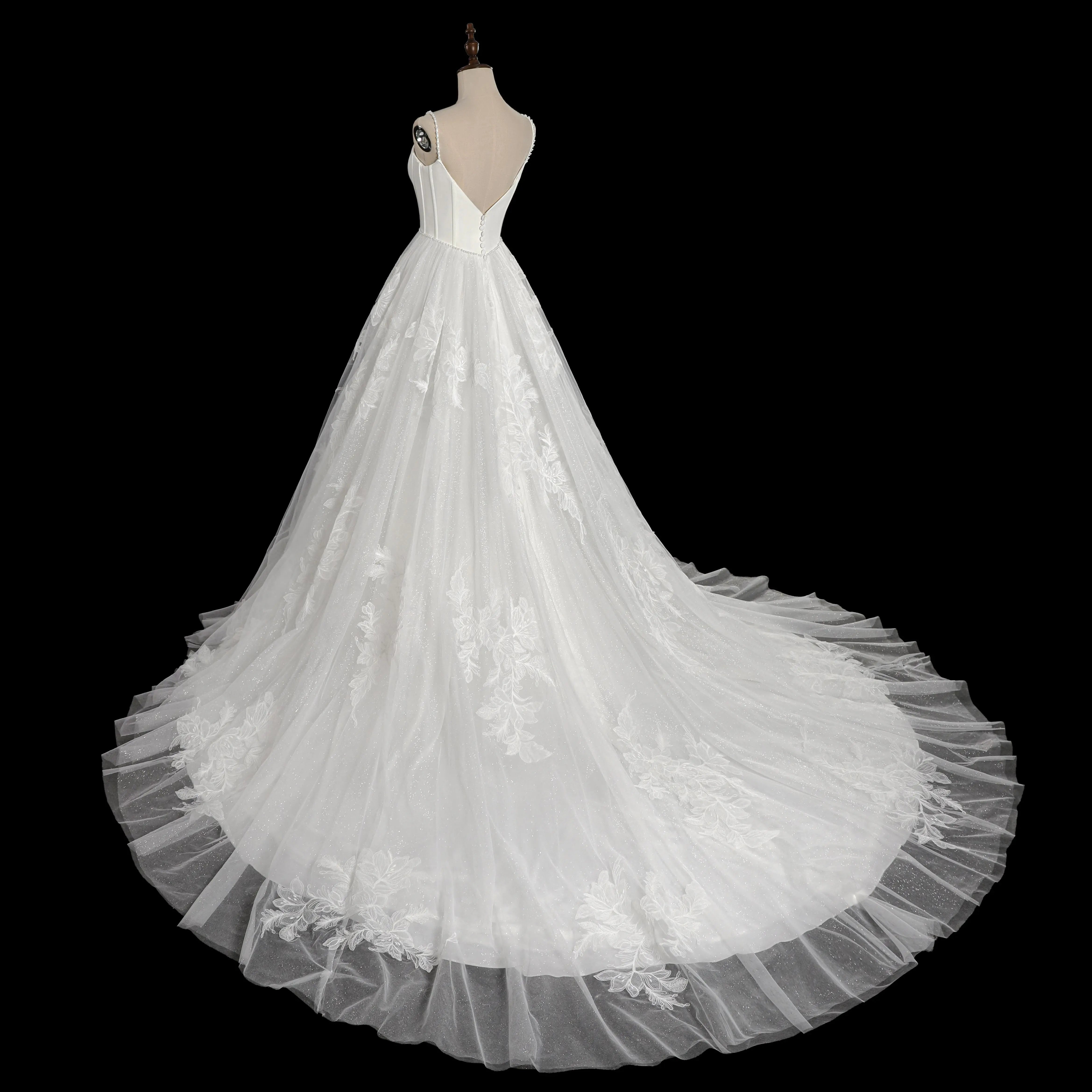 Elegant White Spaghetti Strap Satin Bodice Lace Tulle Wedding Dress with Train ZP065