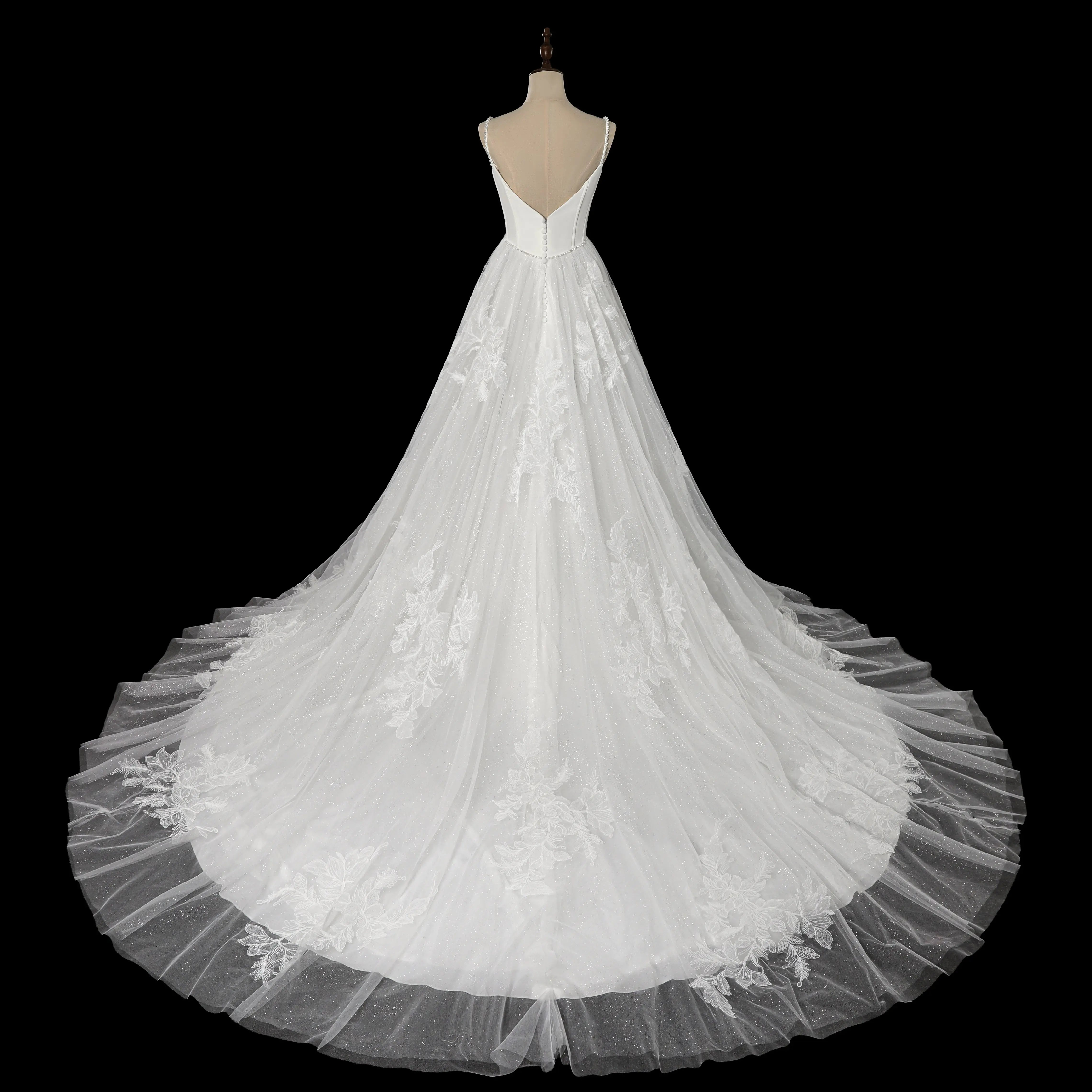Elegant White Spaghetti Strap Satin Bodice Lace Tulle Wedding Dress with Train ZP065