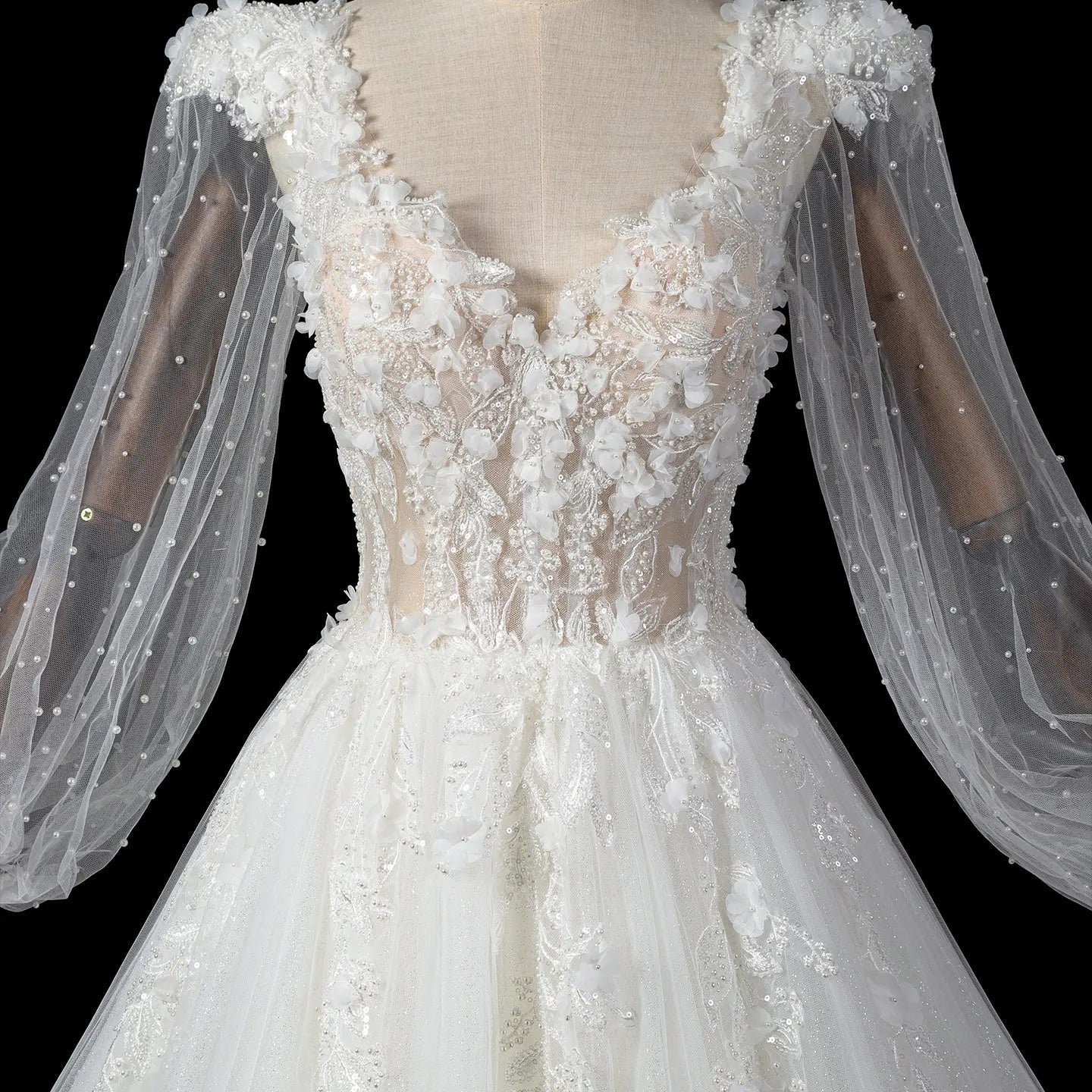 Elegant White V-Neck Long Sleeve Lace-Up Back A-Line Wedding Dress ZP060