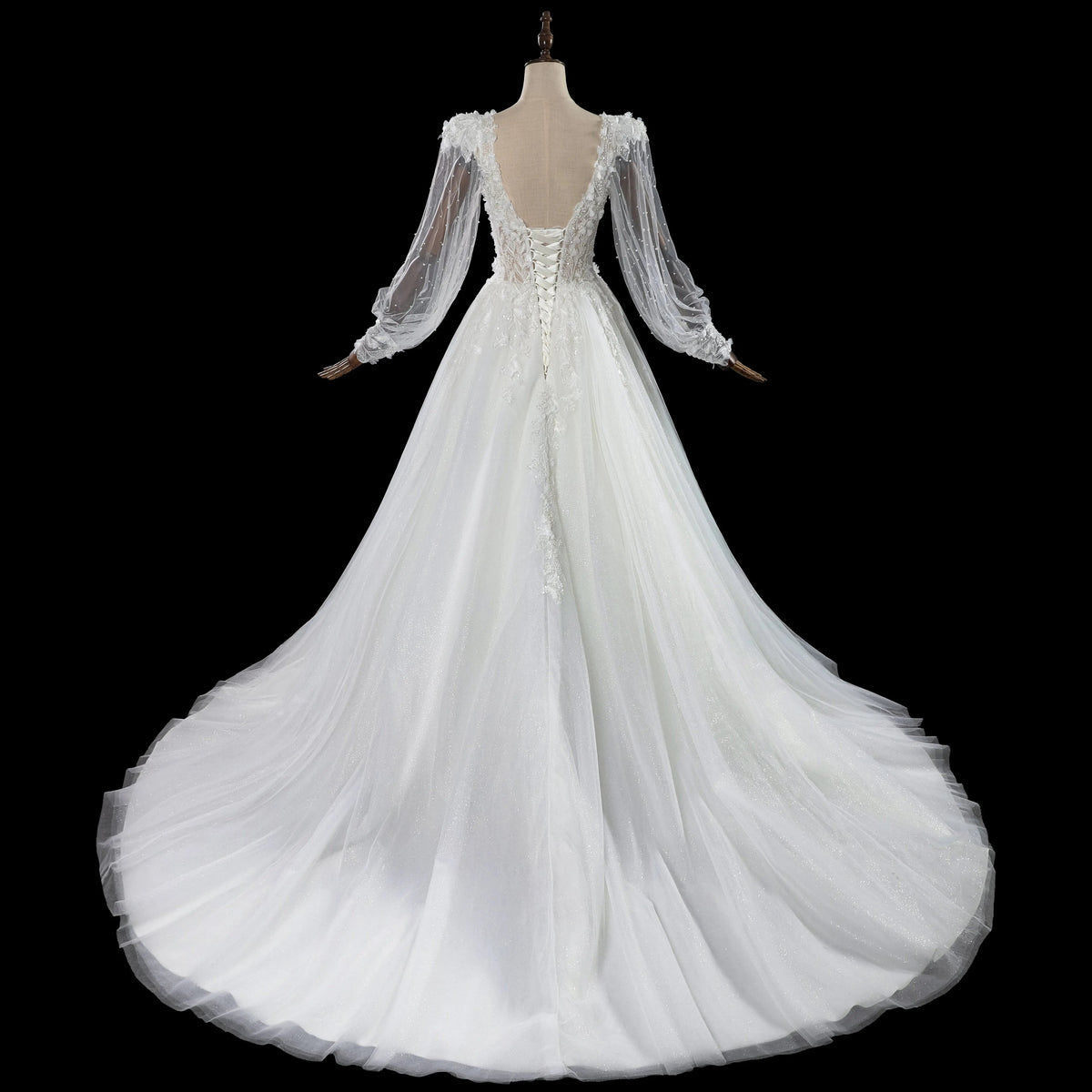Elegant White V-Neck Long Sleeve Lace-Up Back A-Line Wedding Dress ZP060