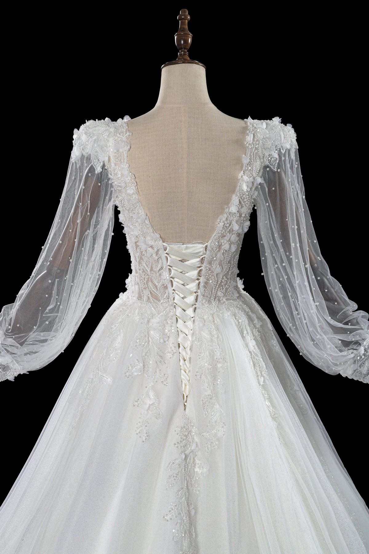 Elegant White V-Neck Long Sleeve Lace-Up Back A-Line Wedding Dress ZP060
