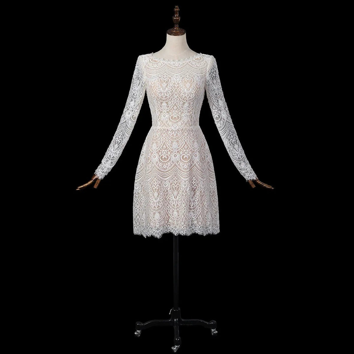Glamorous White Long Sleeve Lace Wedding Dress with Removable Chiffon Overlay ZP058