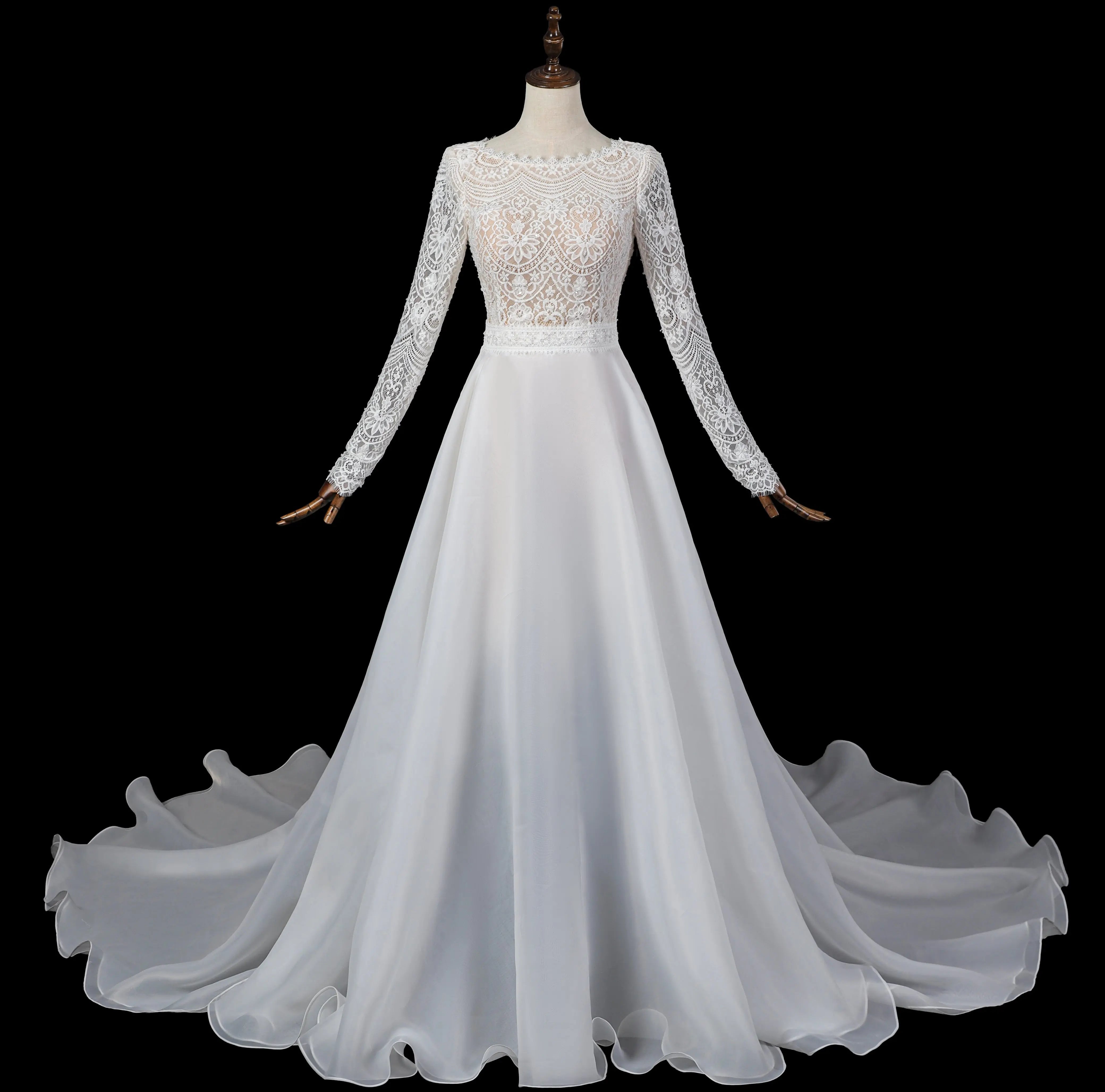 Glamorous White Long Sleeve Lace Wedding Dress with Removable Chiffon Overlay ZP058