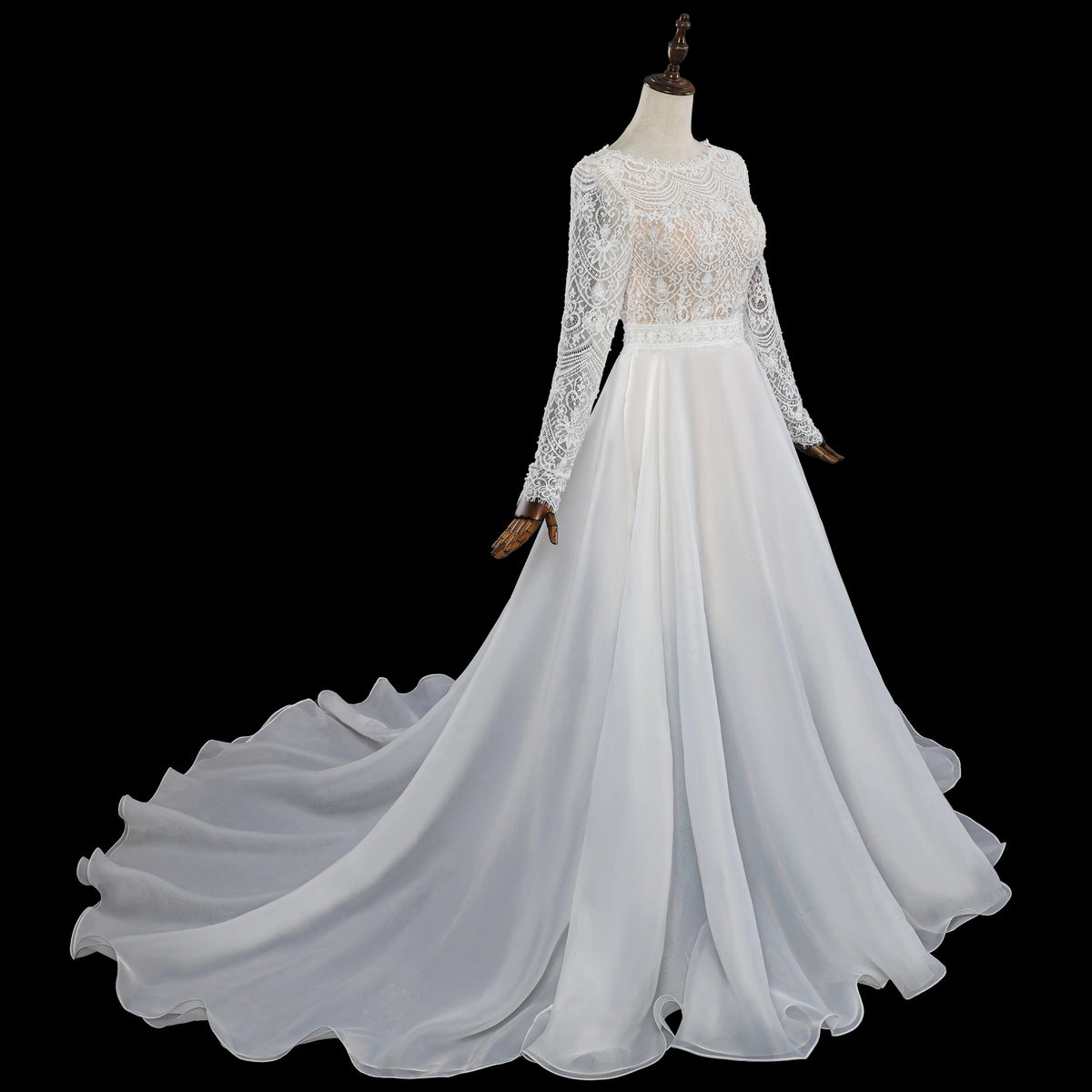 Glamorous White Long Sleeve Lace Wedding Dress with Removable Chiffon Overlay ZP058