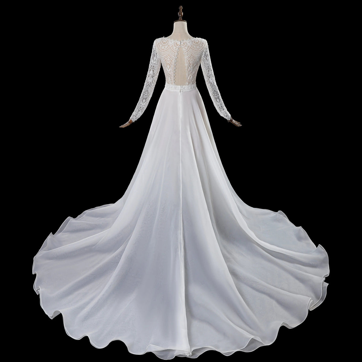 Glamorous White Long Sleeve Lace Wedding Dress with Removable Chiffon Overlay ZP058